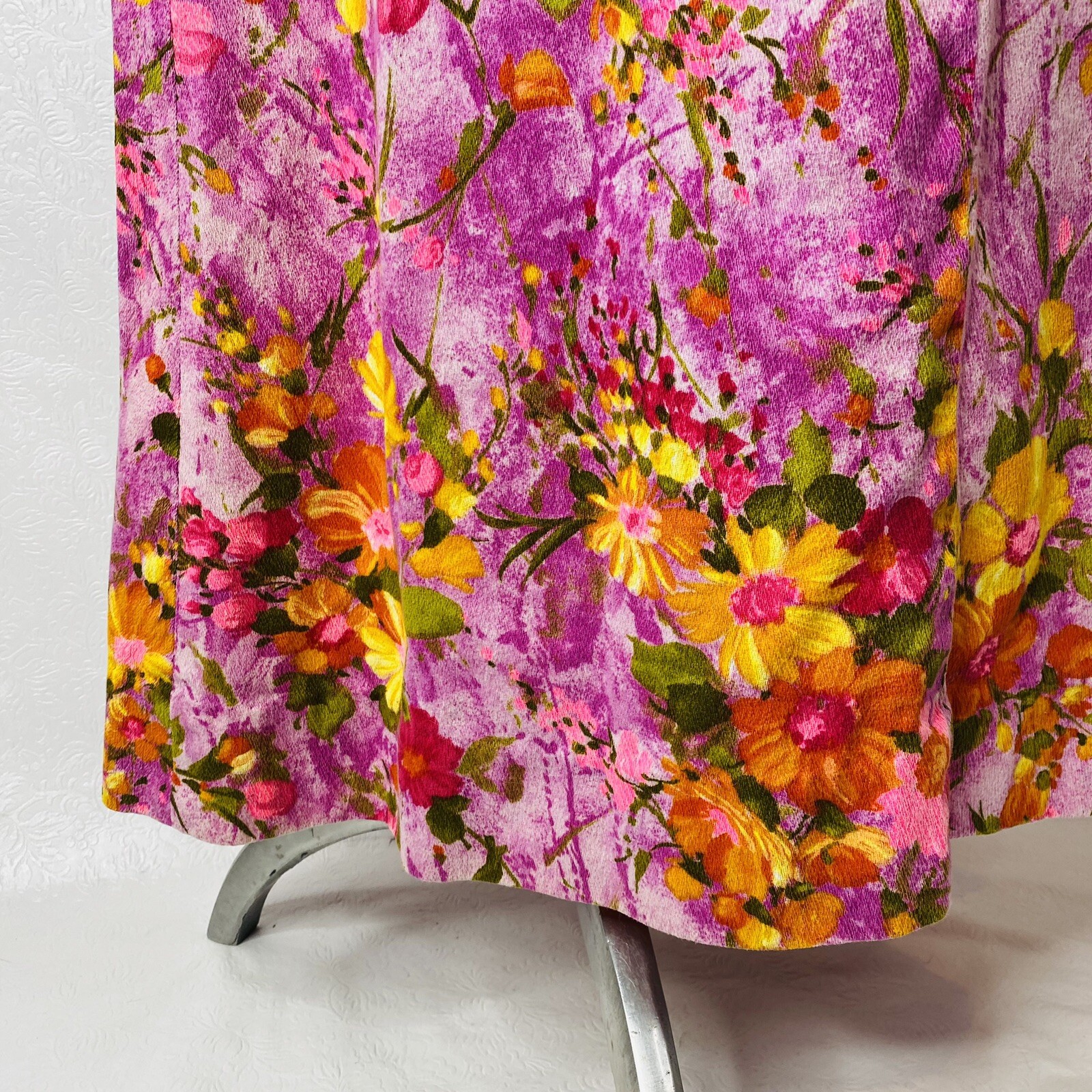Vtg 60s 70s Midi Dress sz S Purple Floral 3/4 Sleeves Pockets Handmade Unbranded