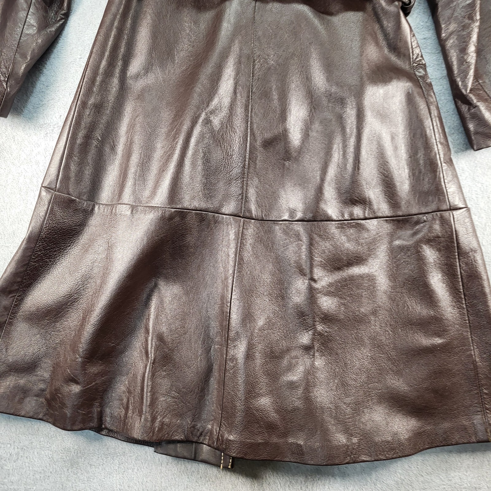 Dan Di Modes Belted Brown Leather Trench No Size Tag Distressed Spots Vintage