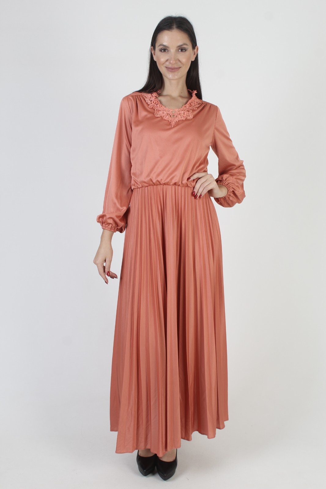 Vtg Rust Grecian Goddess Pleated Maxi Dress Ancient Roman Disco Party Gown M