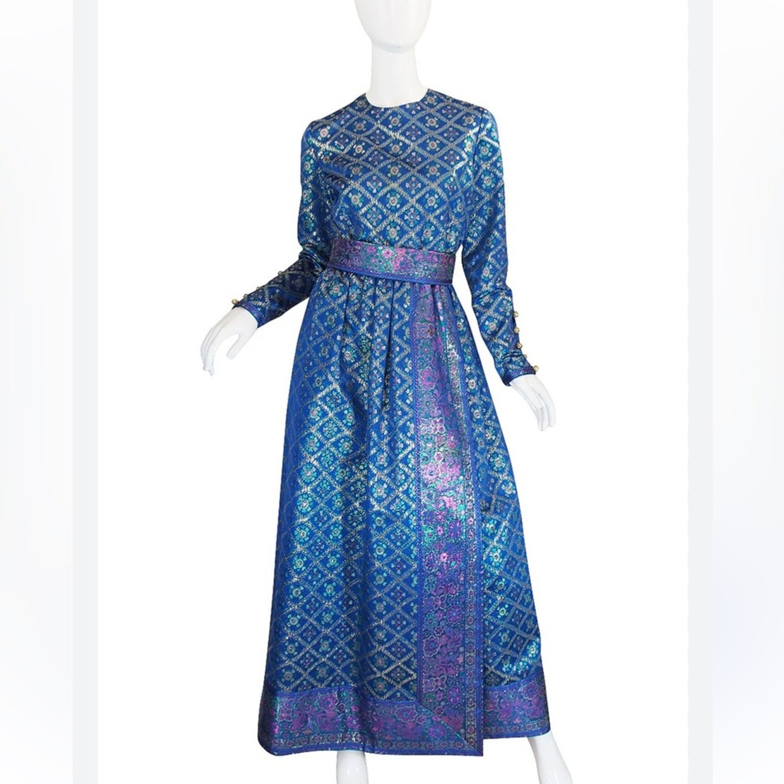 Vtg 1960s Oscar de la Renta Silk Brocade Gown Sapphire Blue Metallic Dress 6 8