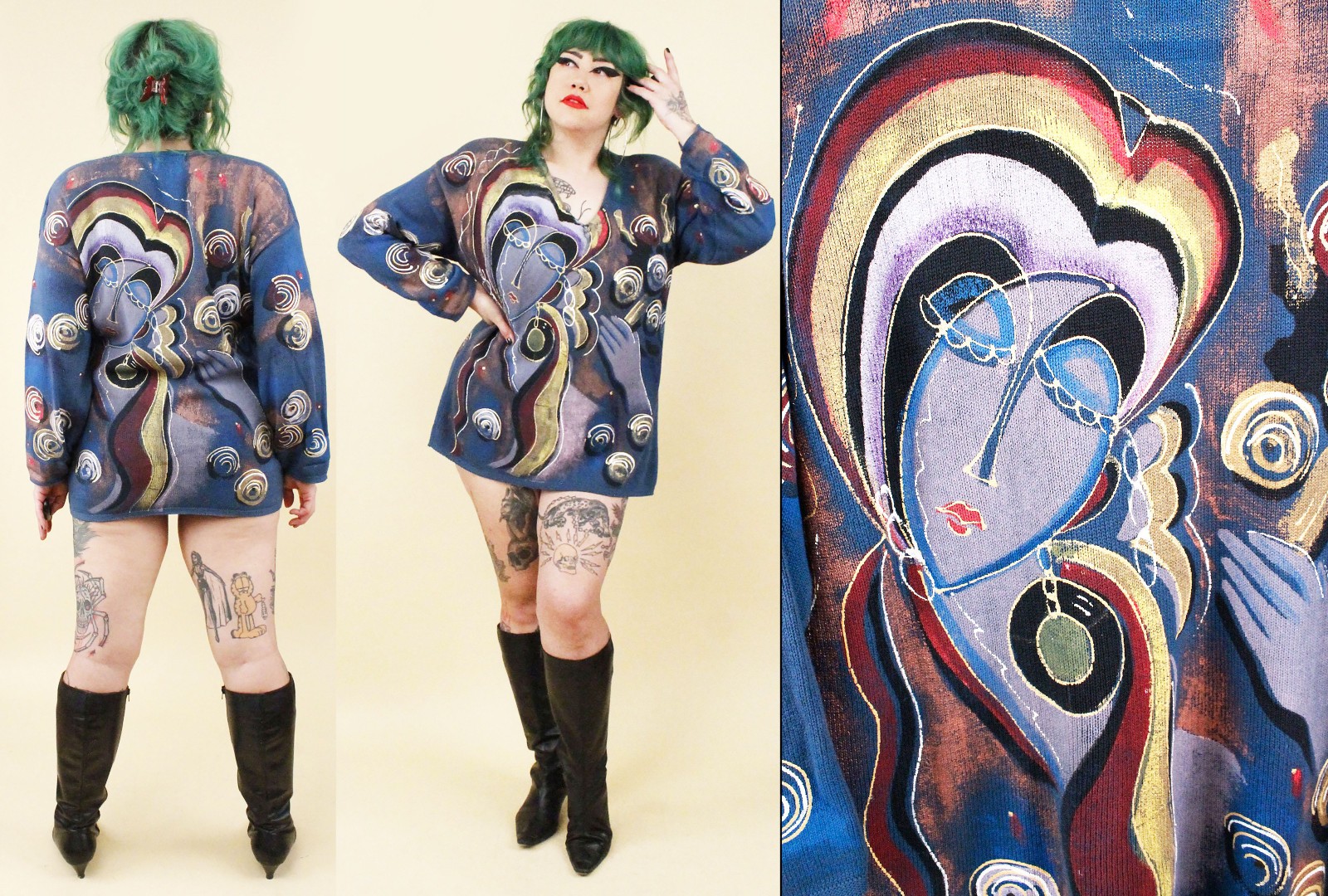 80s Vtg Cubism Picasso Style Hand Painted Knit Sweater Tunic Long Sleeve OS B44&Prime;