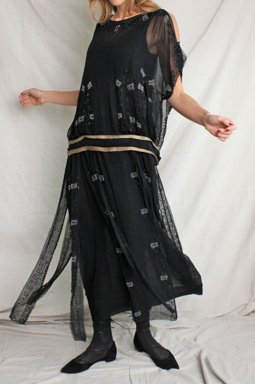 1920s vtg sheer silk chiffon beaded lamé ribbon dropwaist antique dress black