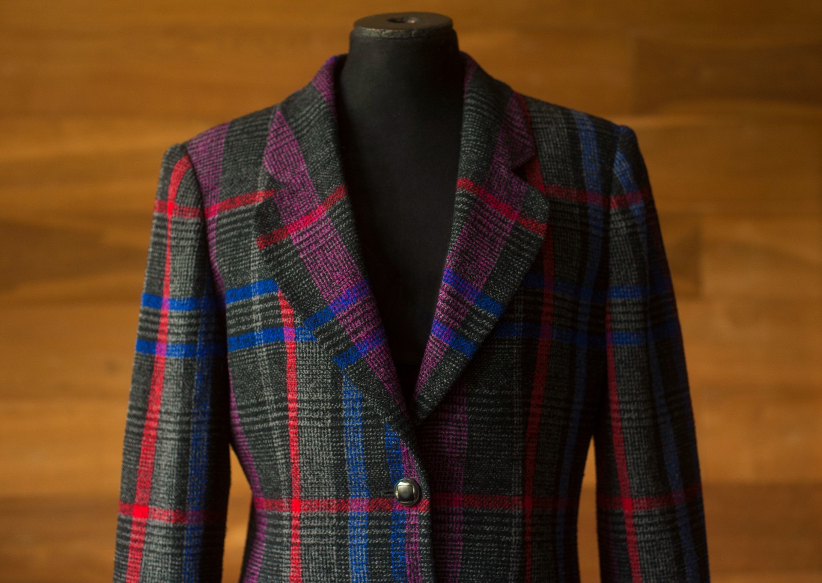 Emanuel Ungaro Collection Plaid Wool Jacket Blazer Gray Pink Blue IT 42 US 6
