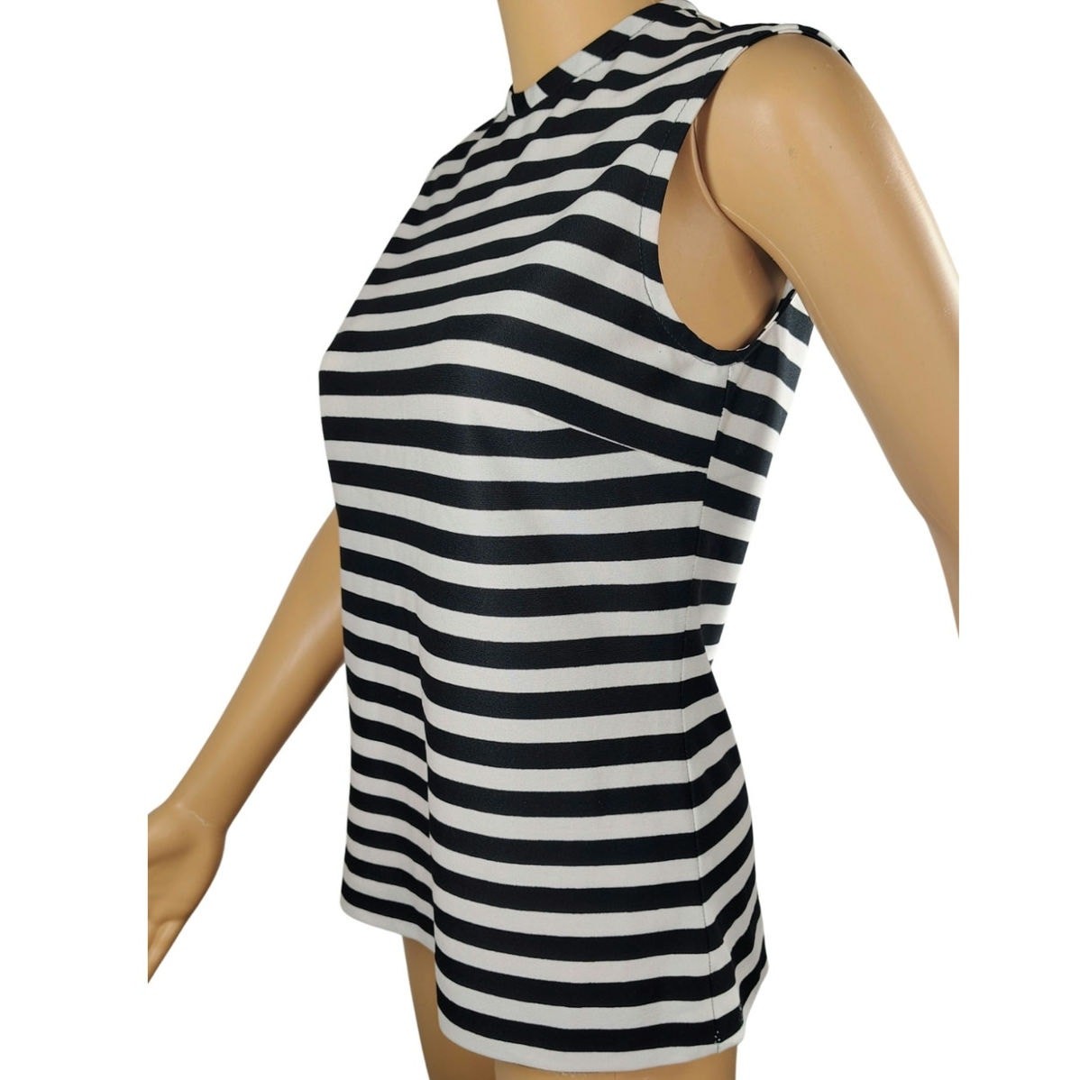 1960s Mod Black White Horizontal Striped Sleeveless High Neck Zip Up Top Size Sm
