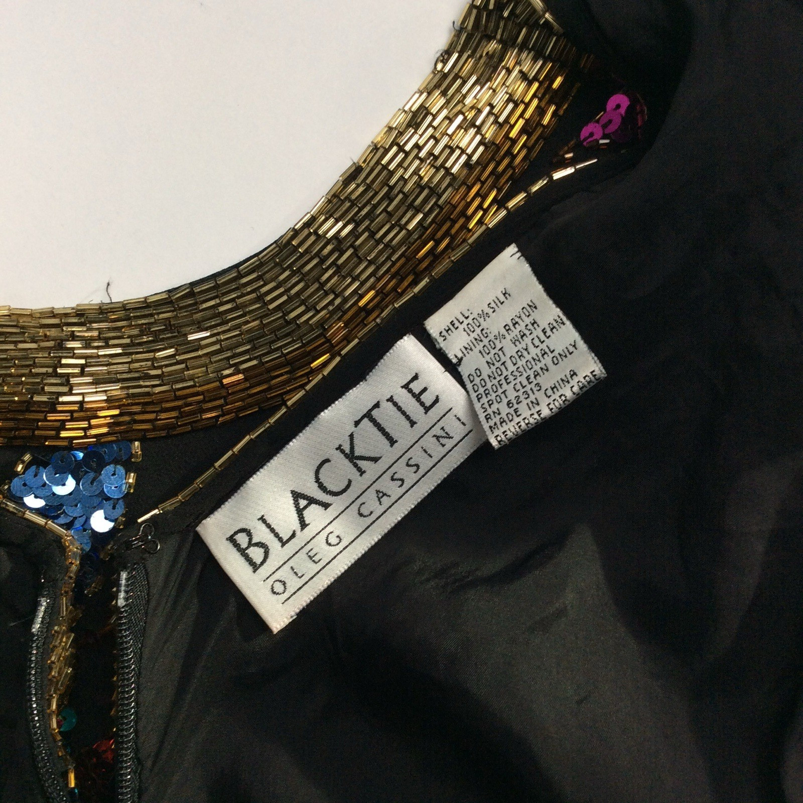 Oleg Cassini Black Tie Blouse Silk Colorful Sequin Beaded Top Vtg ?Sz S/M READ!