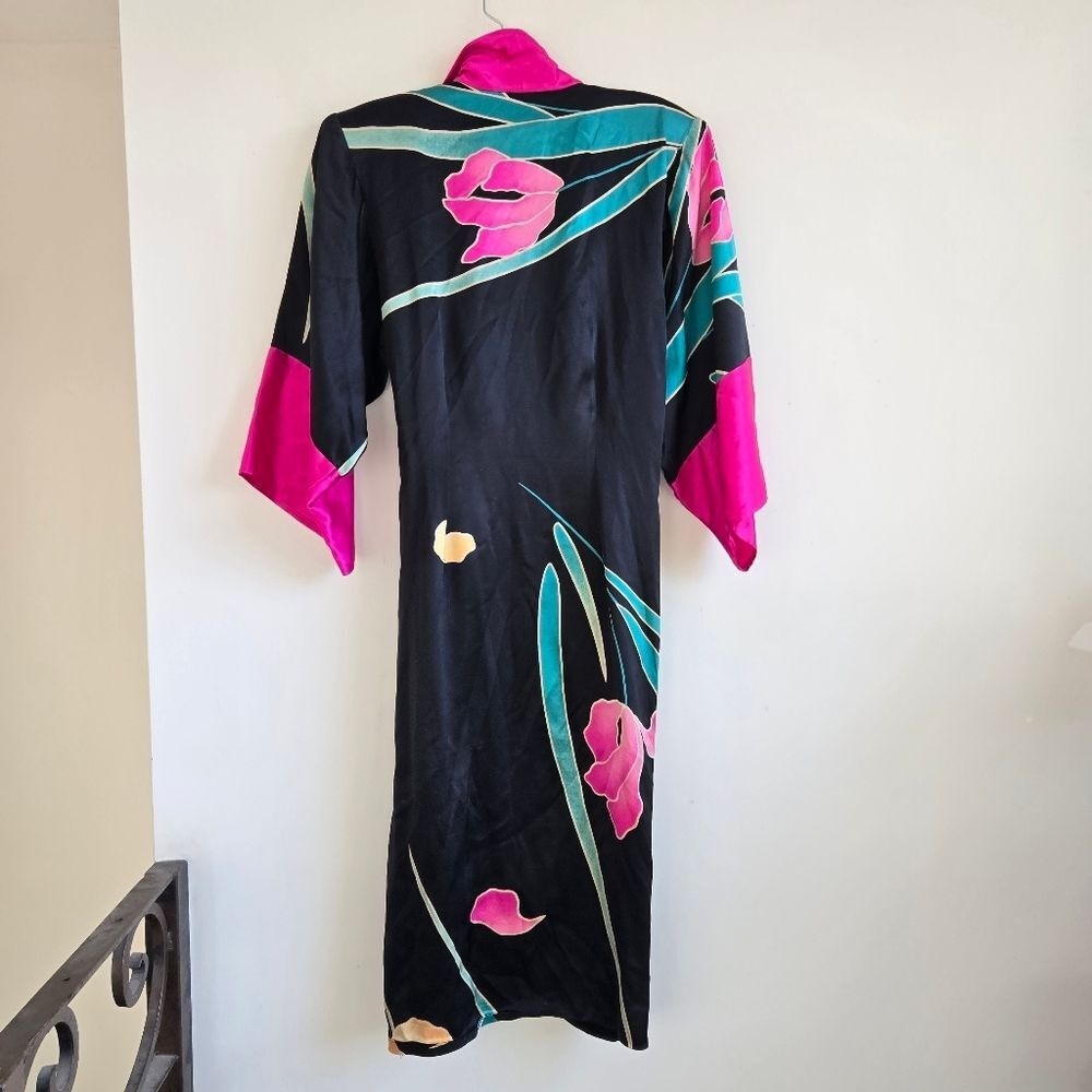 Vintage Flora Kung Sz 4 Kimono Button Silk Black Pink Floral Wrap Dress