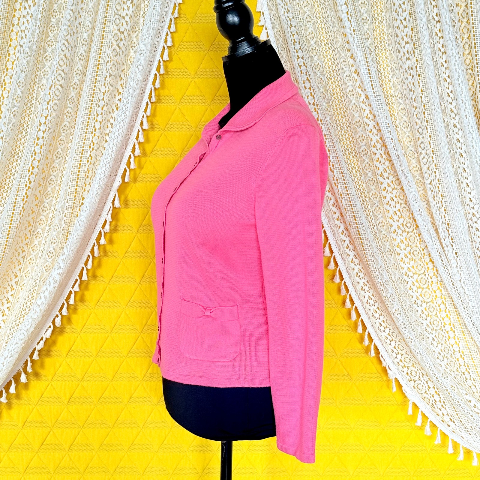 VTG Harold&rsquo;s Pink Bow Collared Twee Cotton Sweater Cardigan Size L