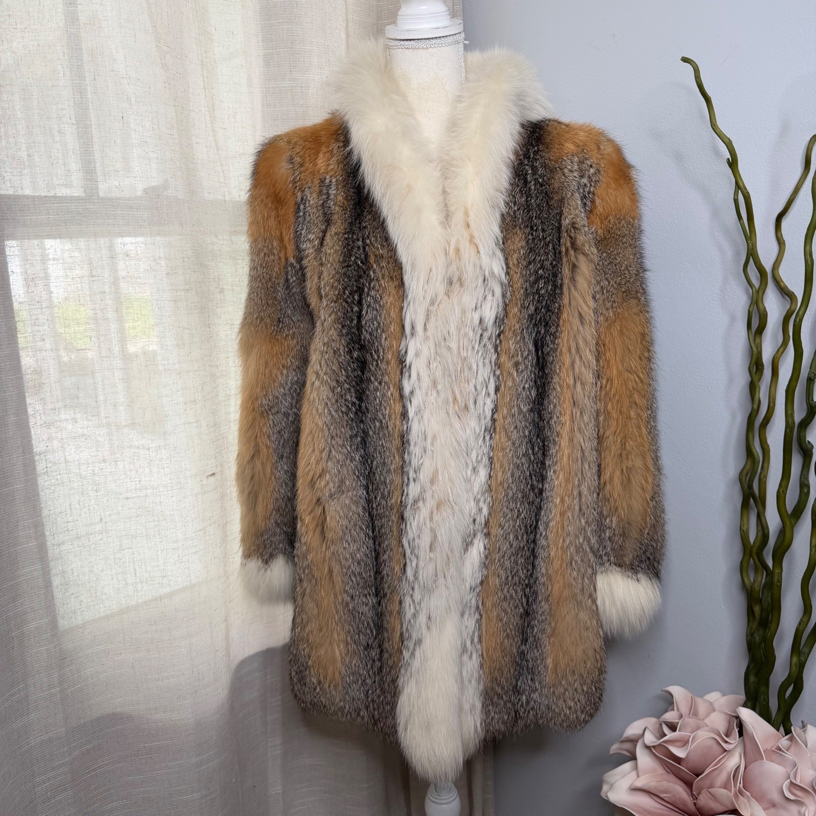 Vintage Red Fox Fur Coat Mid Length Glam Winter White Gray Lined Women&rsquo;s Medium