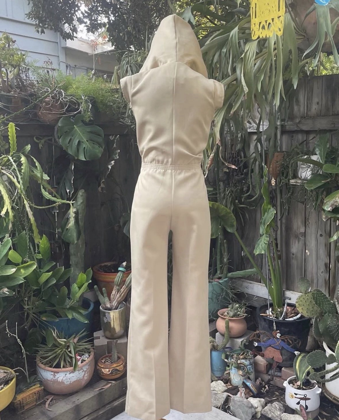 Vintage 1970s Hippie Beige Hooded Jumpsuit Sz XS/S