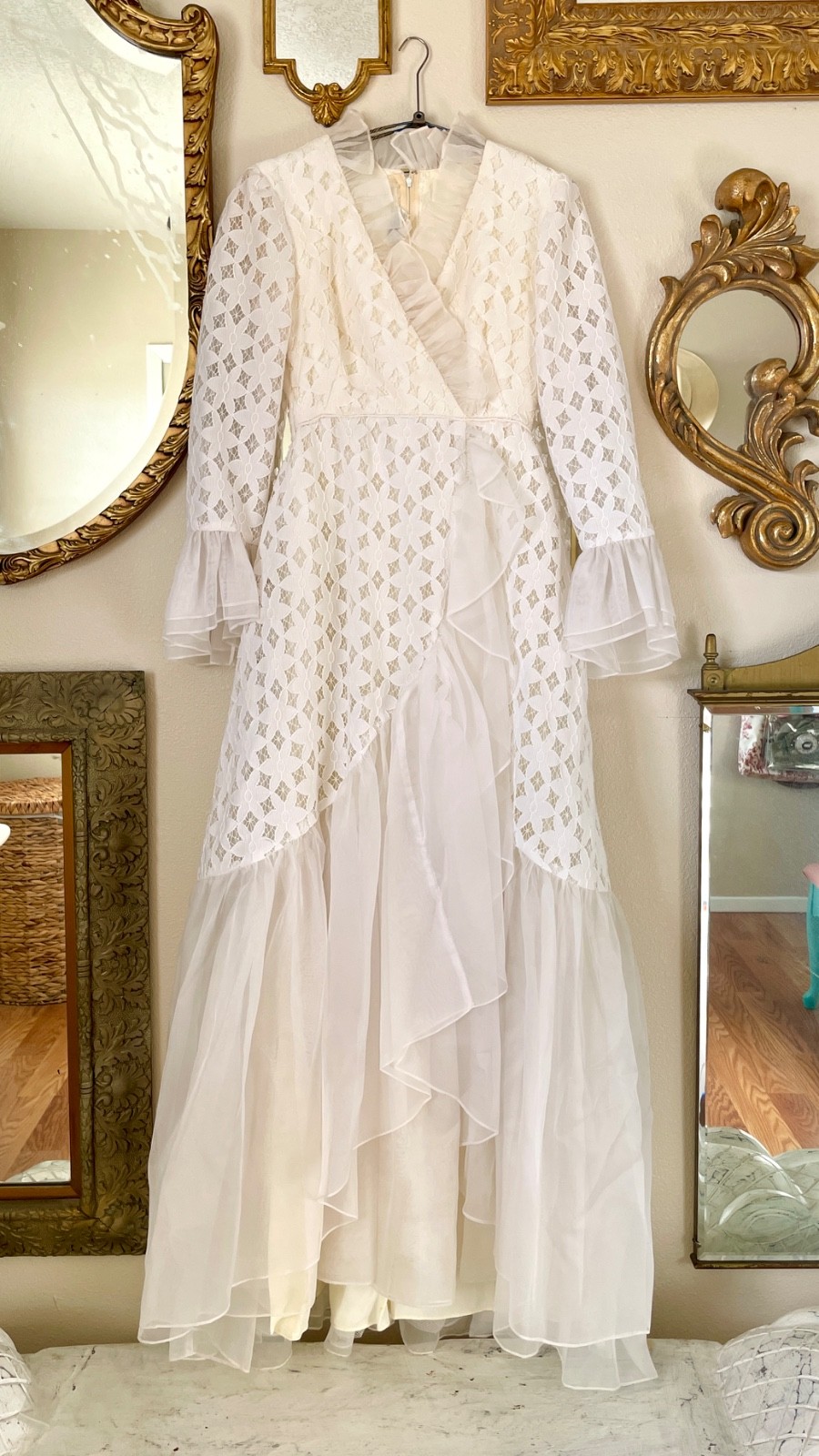Vintage 1970s Boho Floral Ruffled Wedding Dress By Emma Domb ILGWU Label Size 13