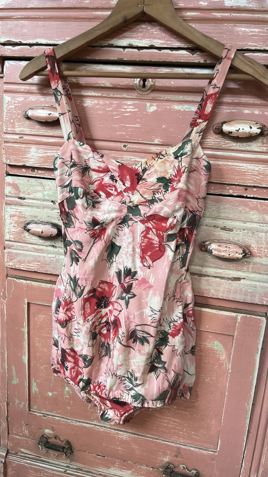 Antique Vintage 50s 60s Pink Floral One Piece Swimsuit XS