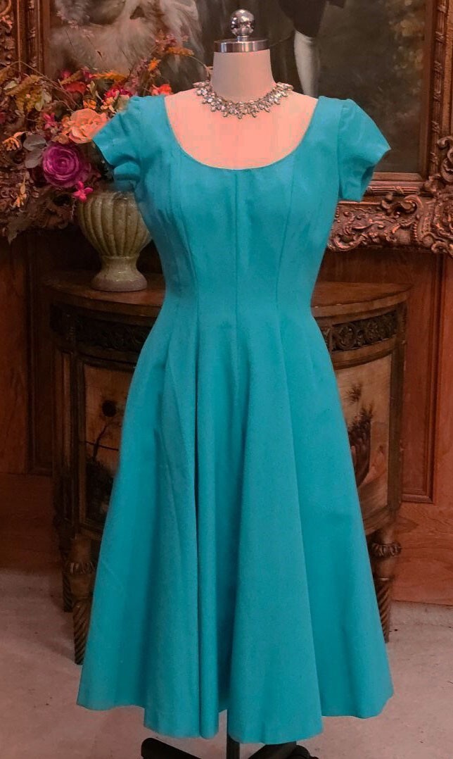 VINTAGE 1960s JERRY GILDEN SPECTATOR TURQUOISE FULL CIRCLE DRESS W METAL ZIPPER