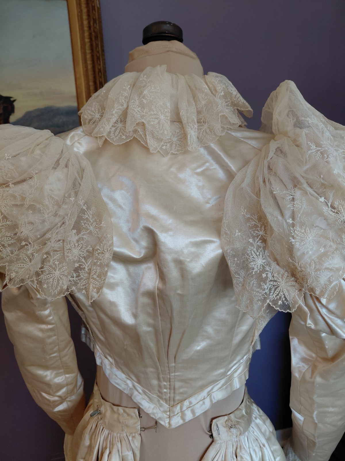 Antique 1890&rsquo;s Satin & Tambour Lace Dress Wedding Ball Gown Leg O Mutton Sleeves