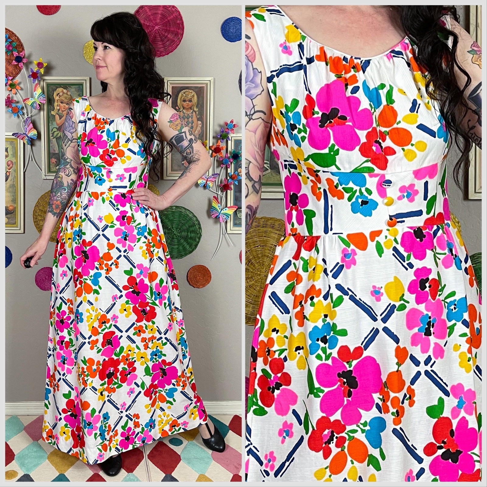 Vintage 1970s White Hawaiian Floral Day Glo Sleeveless Maxi Dress | 30&Prime; Waist
