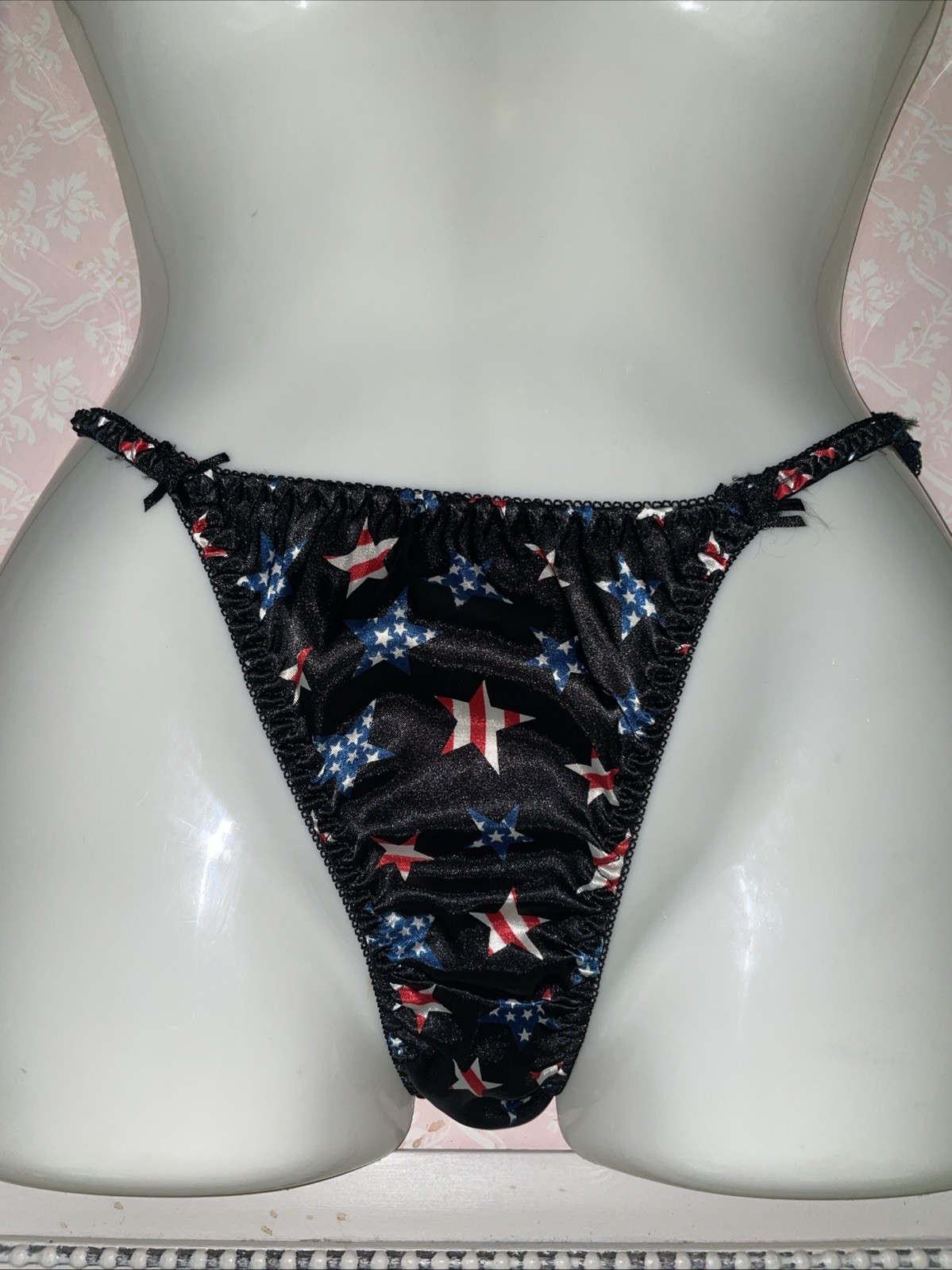 Vintage Satin String Bikini Panties/Bows Classic True VTG Silky L/7 USA STARS