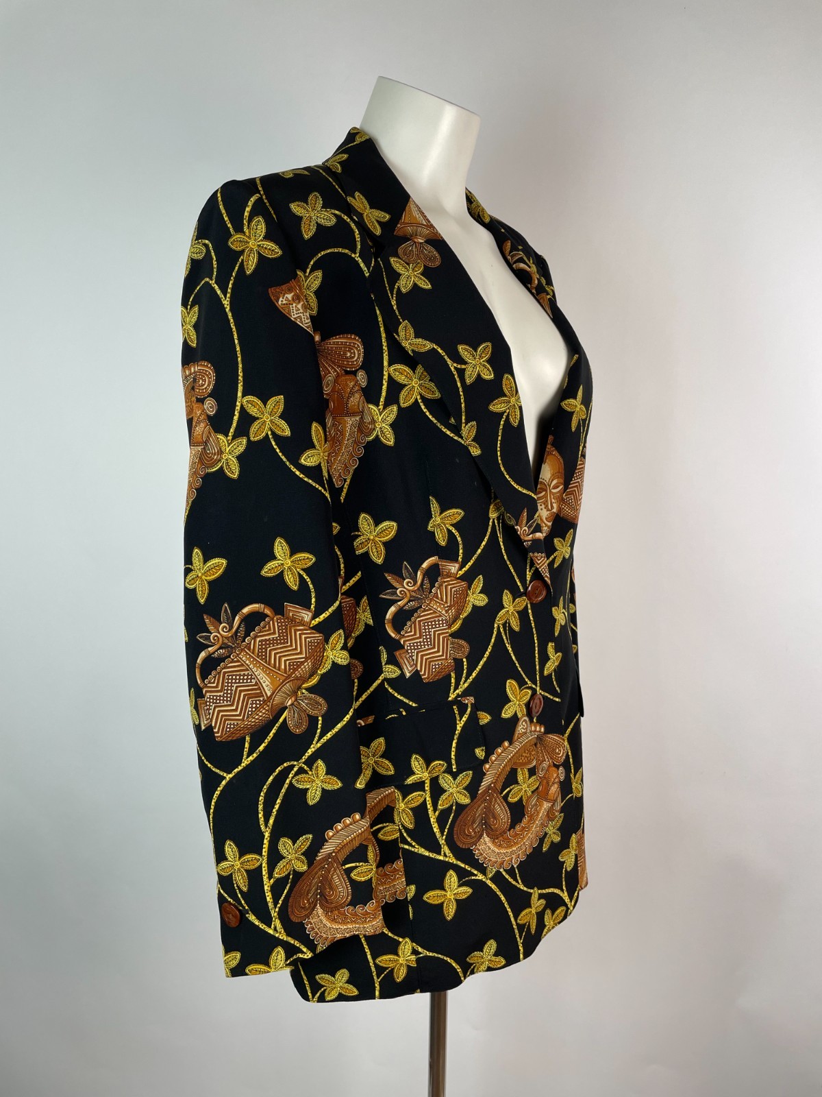 VTG 80s Rare Stunning Tribal Print Black 100% Silk Jacket 42 Germany