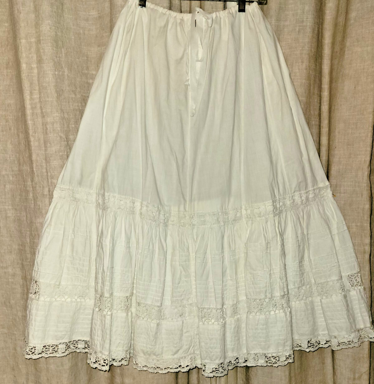 Antique Edwardian Cotton Pintucked Cluny Lace Petticoat S/M
