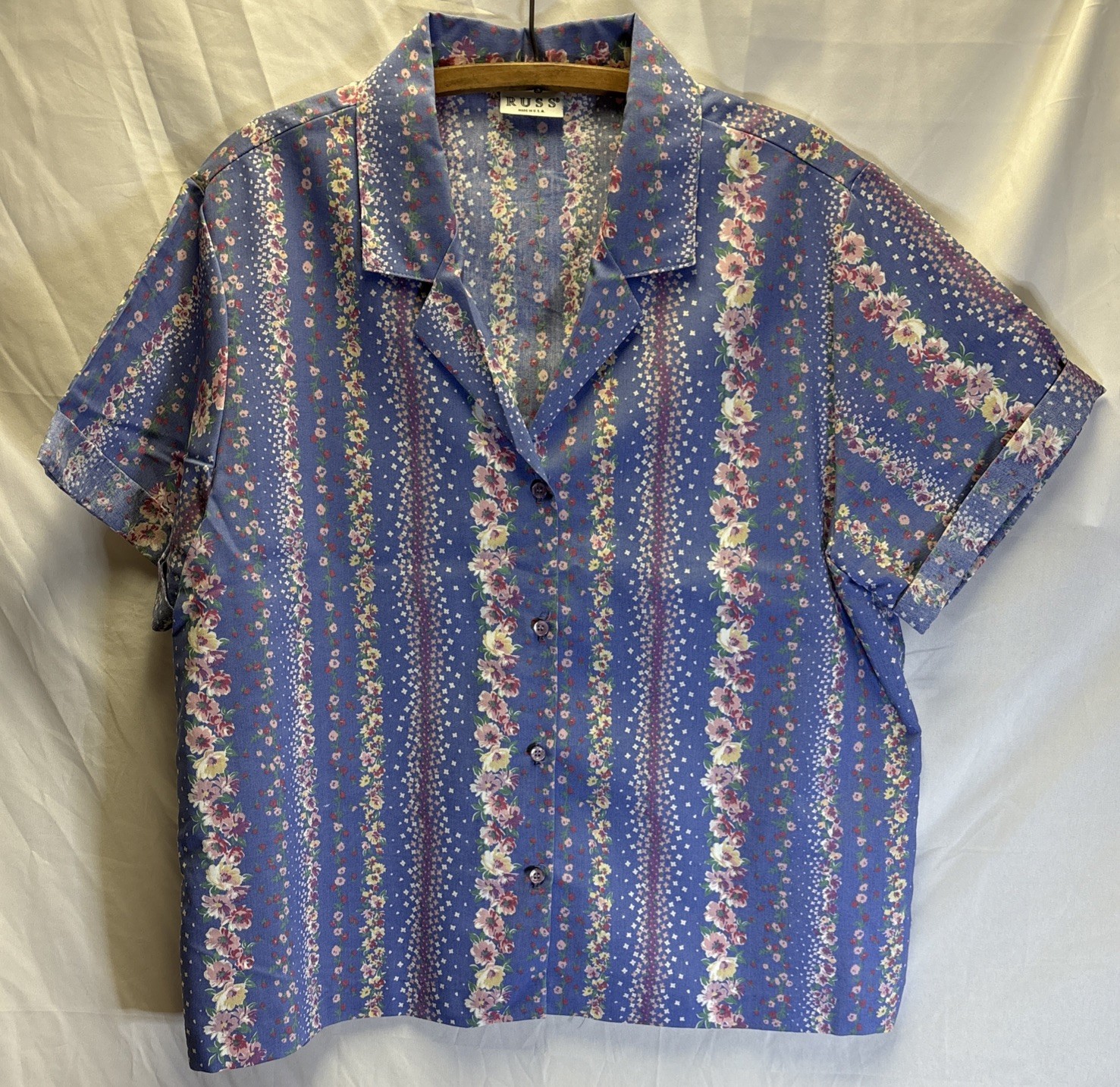 Vtg Russ Women&rsquo;s Blue Floral Top Shirt Union Made In USA 1980s 80s Blouse Read