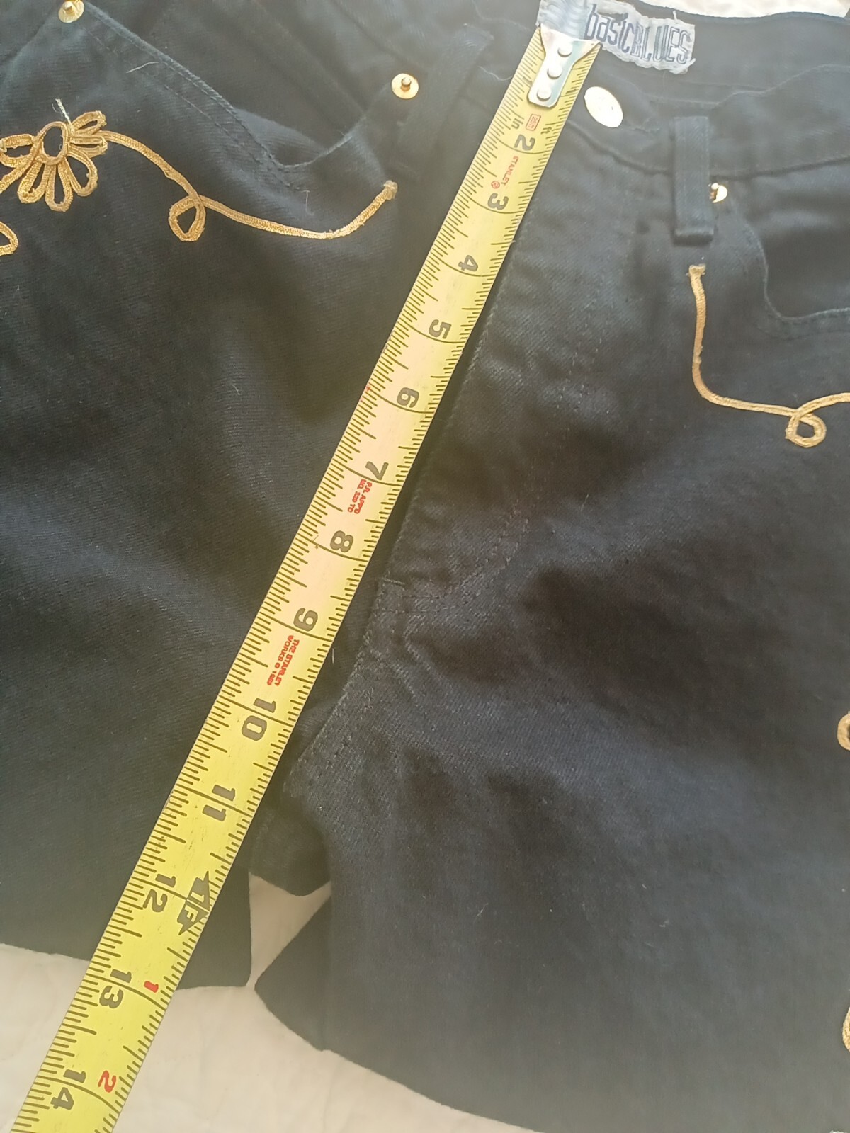 Sz 7 Vintage IOU Basic Blues Womens Black Denim High Waist Mom Jeans Gold Trim