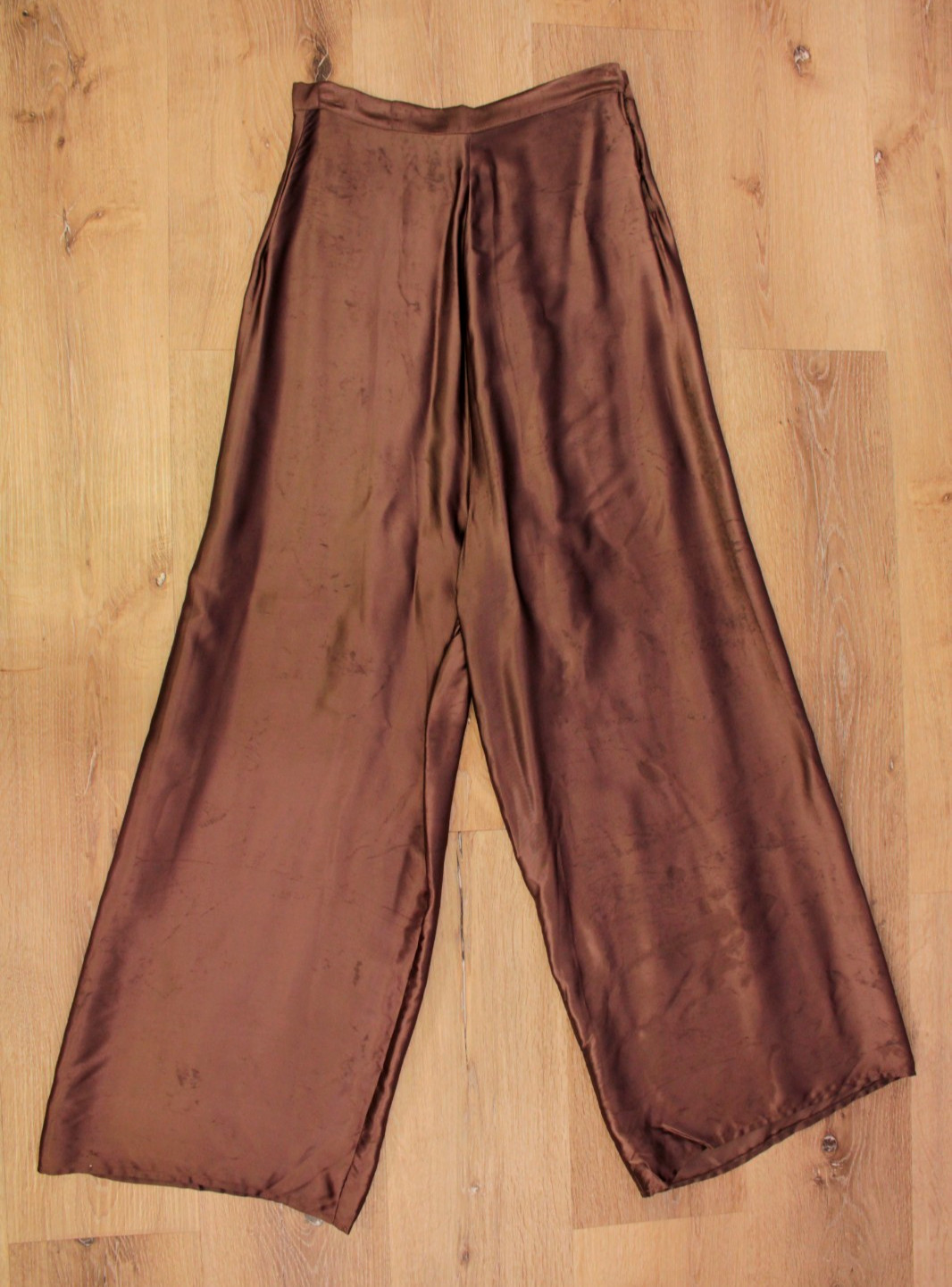 VTG Women&rsquo;s 40s Brown / Bronze Satin Side Button Wide Leg Pajama Pants S/M 1940s