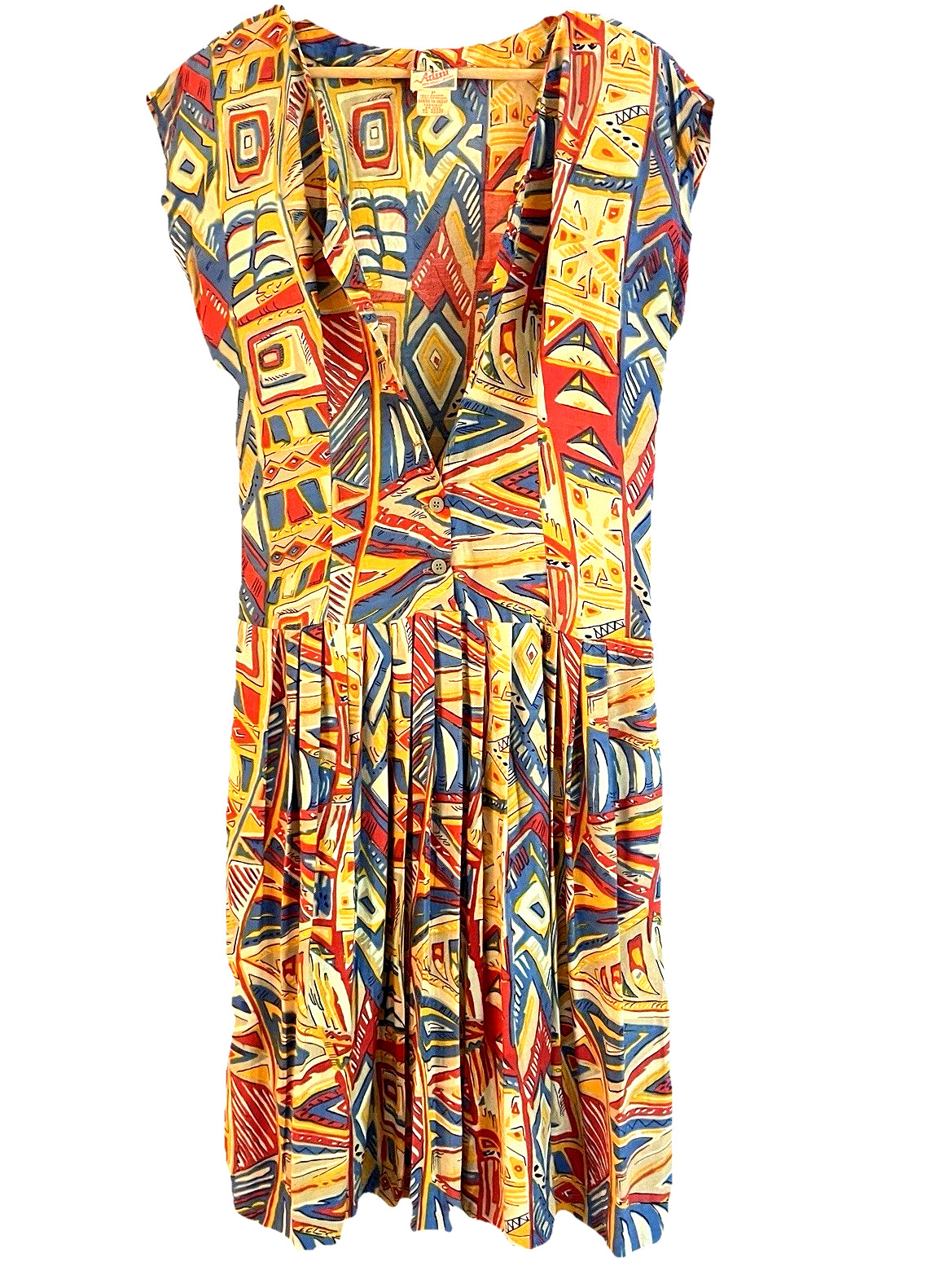 Vintage Adini Abstract Geometric Rayon Midi Dress Made India L Colorful 90s