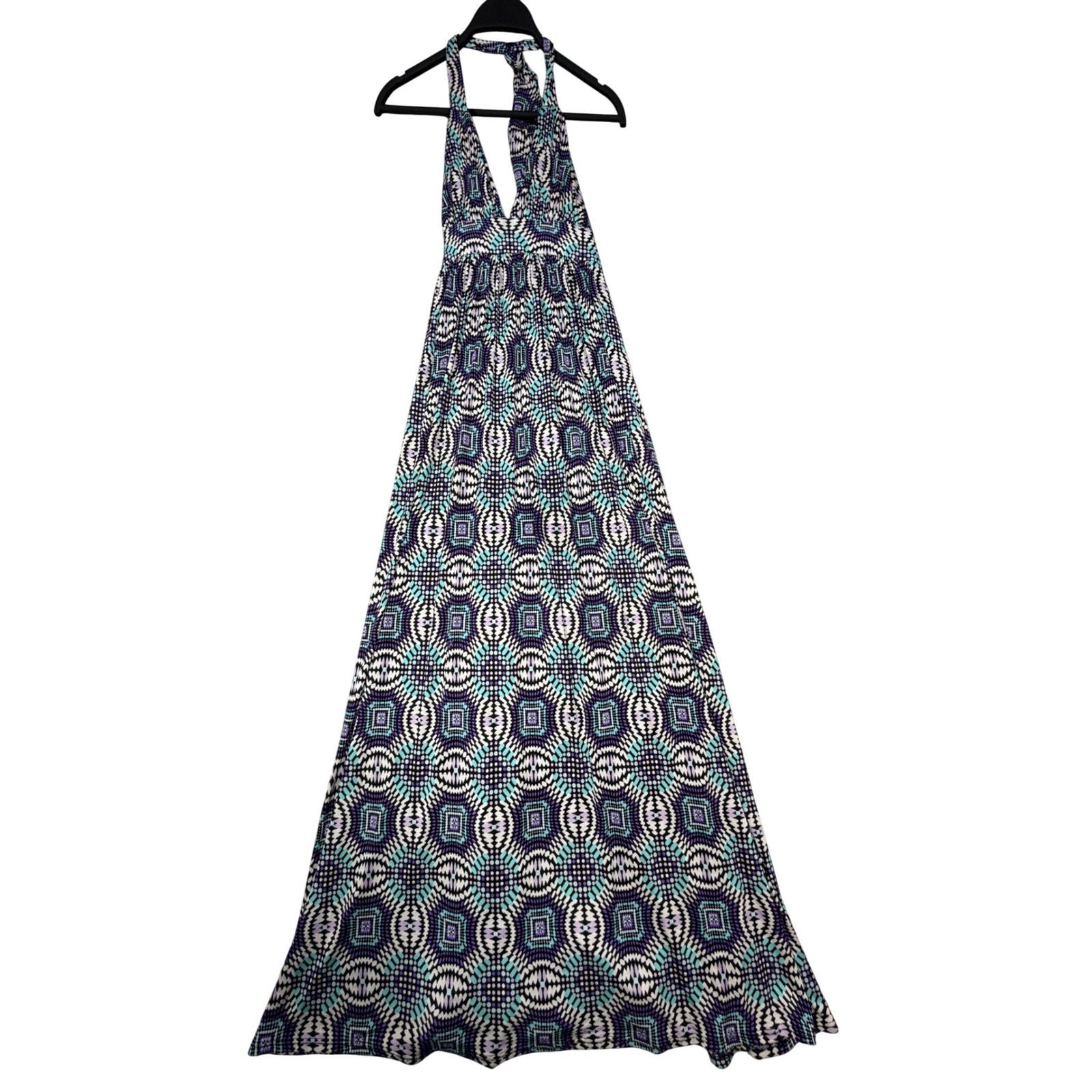 Vintage 2000s Purple Teal Geometric Halter Maxi Dress S Y2K Boho Summer Casual