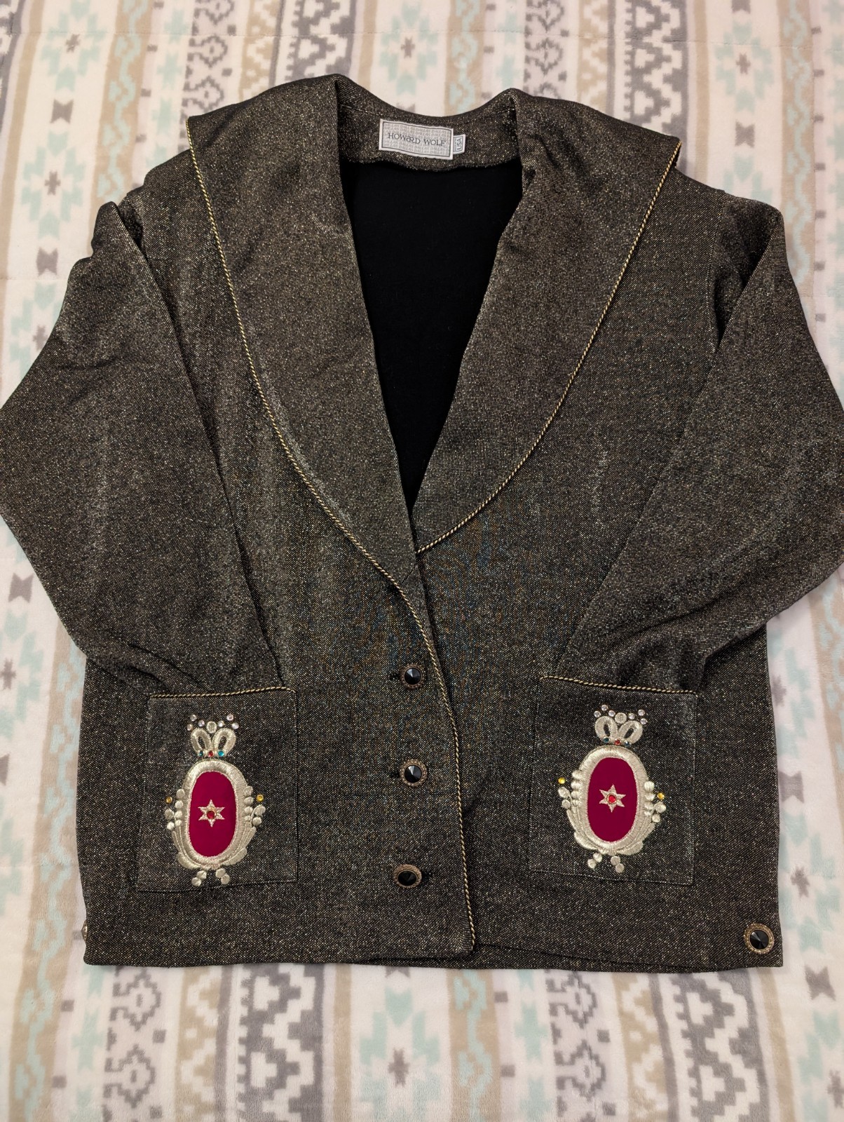 Vintage Womens Howard Wolf Gold And Grey Suit Jacket Blazer With Capelet