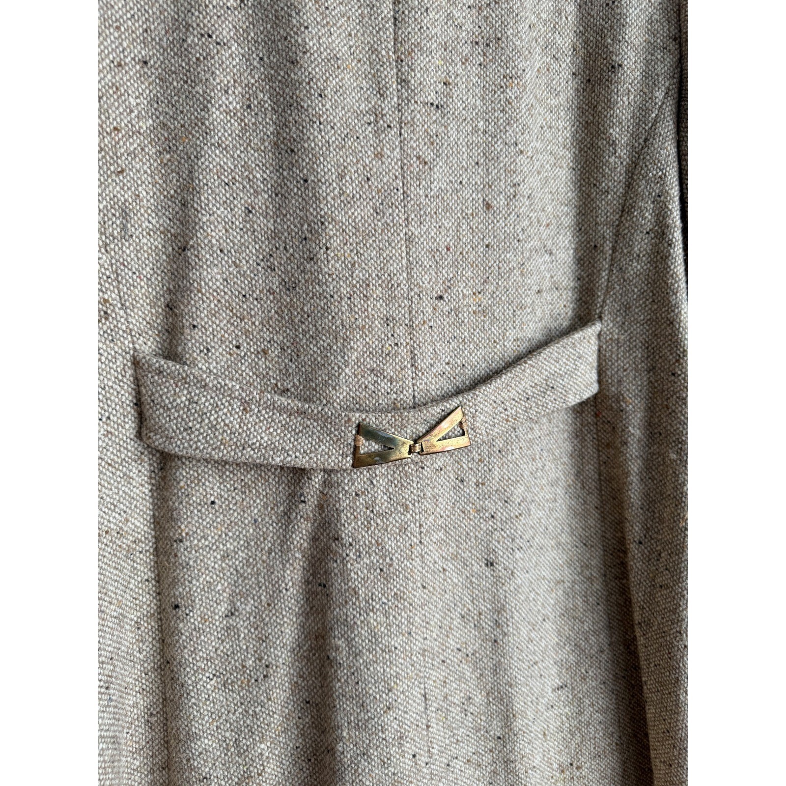 Vintage Oatmeal Tweed Double Breasted Long Coat Gold Back Detail Beige Womens