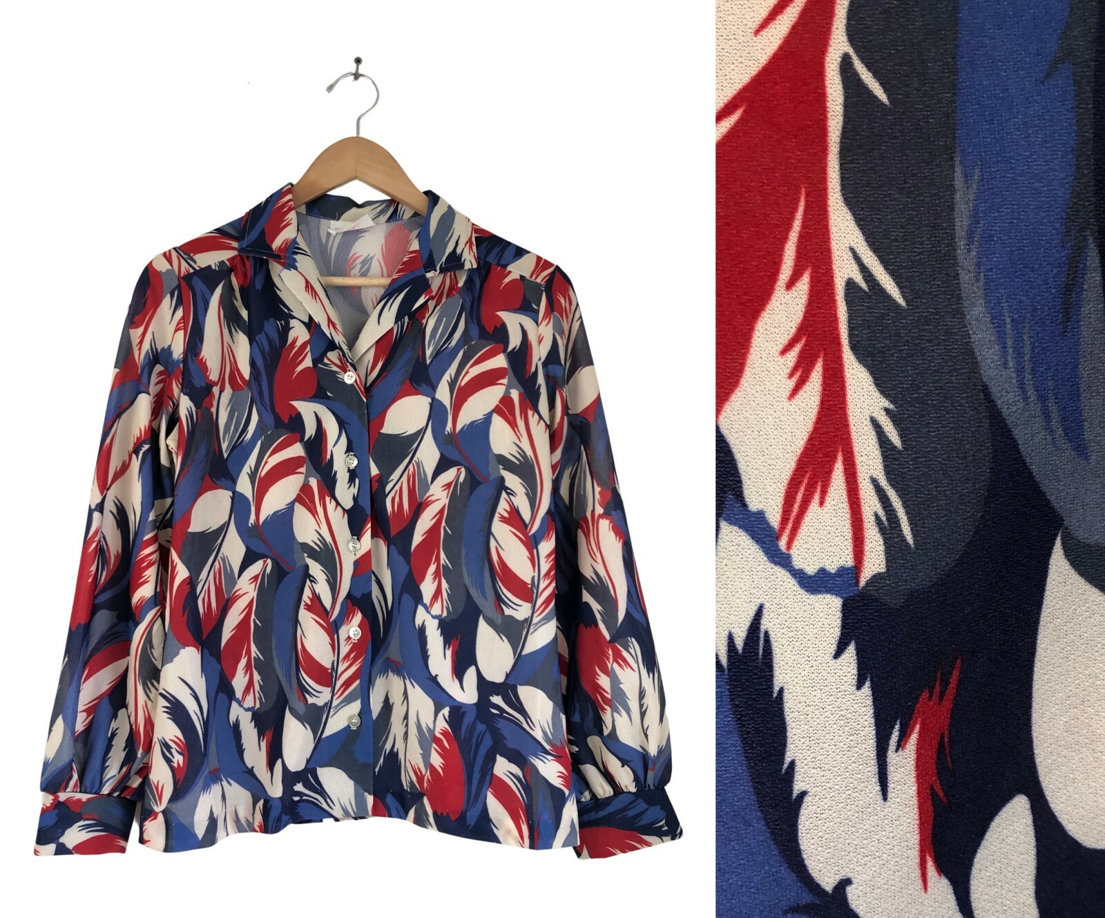 Vintage Feather Print Blouse 1970s Button Collared Red white blue Size Medium