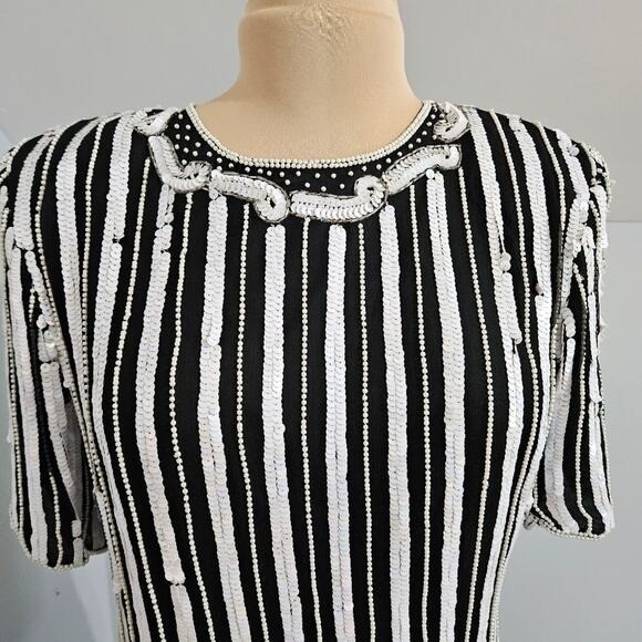 Stenay Vintage 100% Silk Beaded Sequin Top Black White Stripe Floral Scalloped L