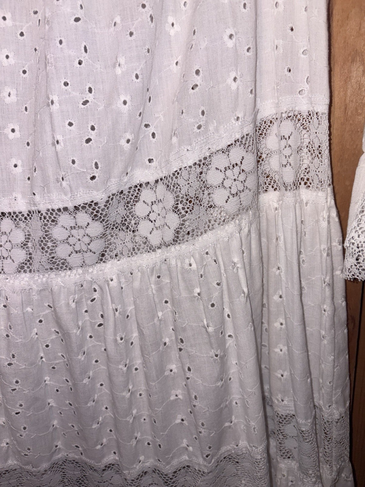 Vtg 70&rsquo;s David Brown CA Prairie Cottagecore Dress Tiered Eyelet L/XL READ Tag S