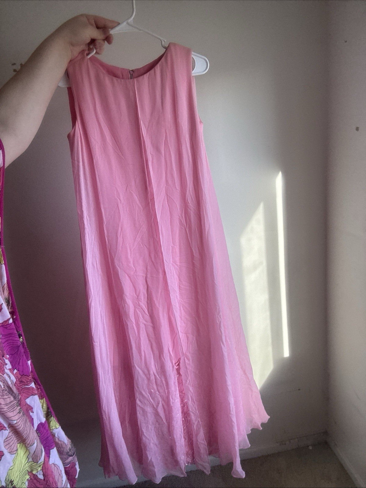 Small 1960s Pink Evening Dress with Lace Overlay Vintage Empire Waist Maxi Gown