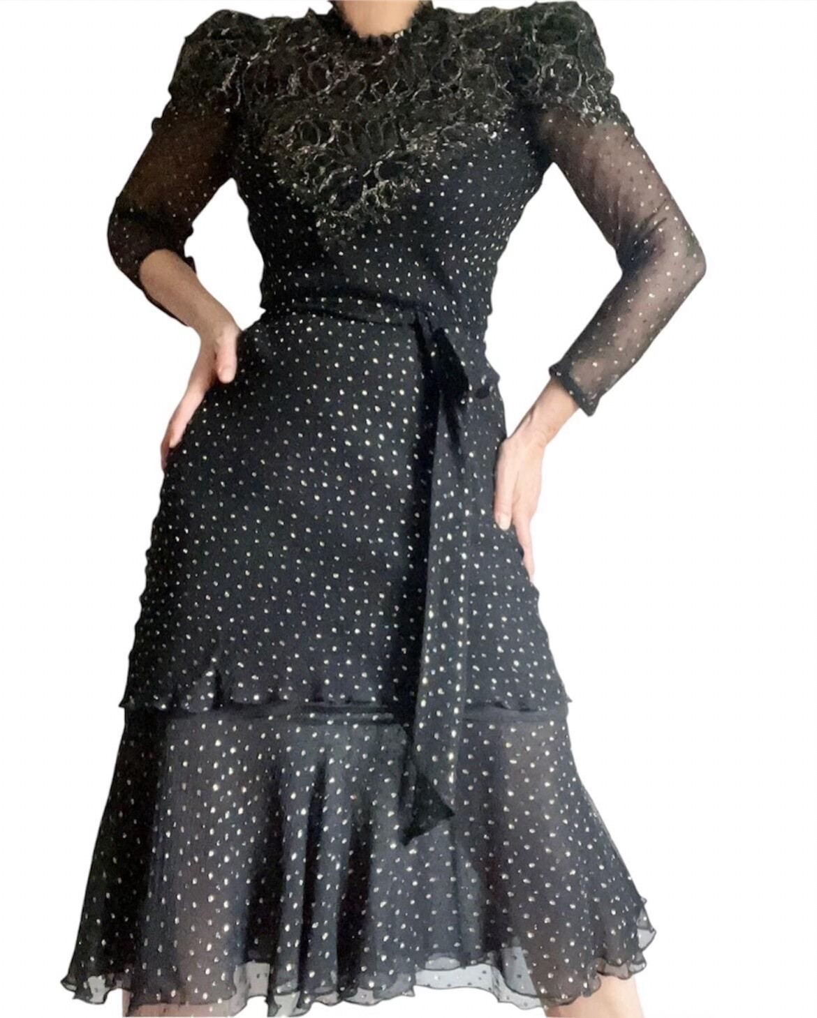 Vintage Judy Hornby Pure Silk Heavily Beaded Bodice Dress W/ Polka Dots Size M