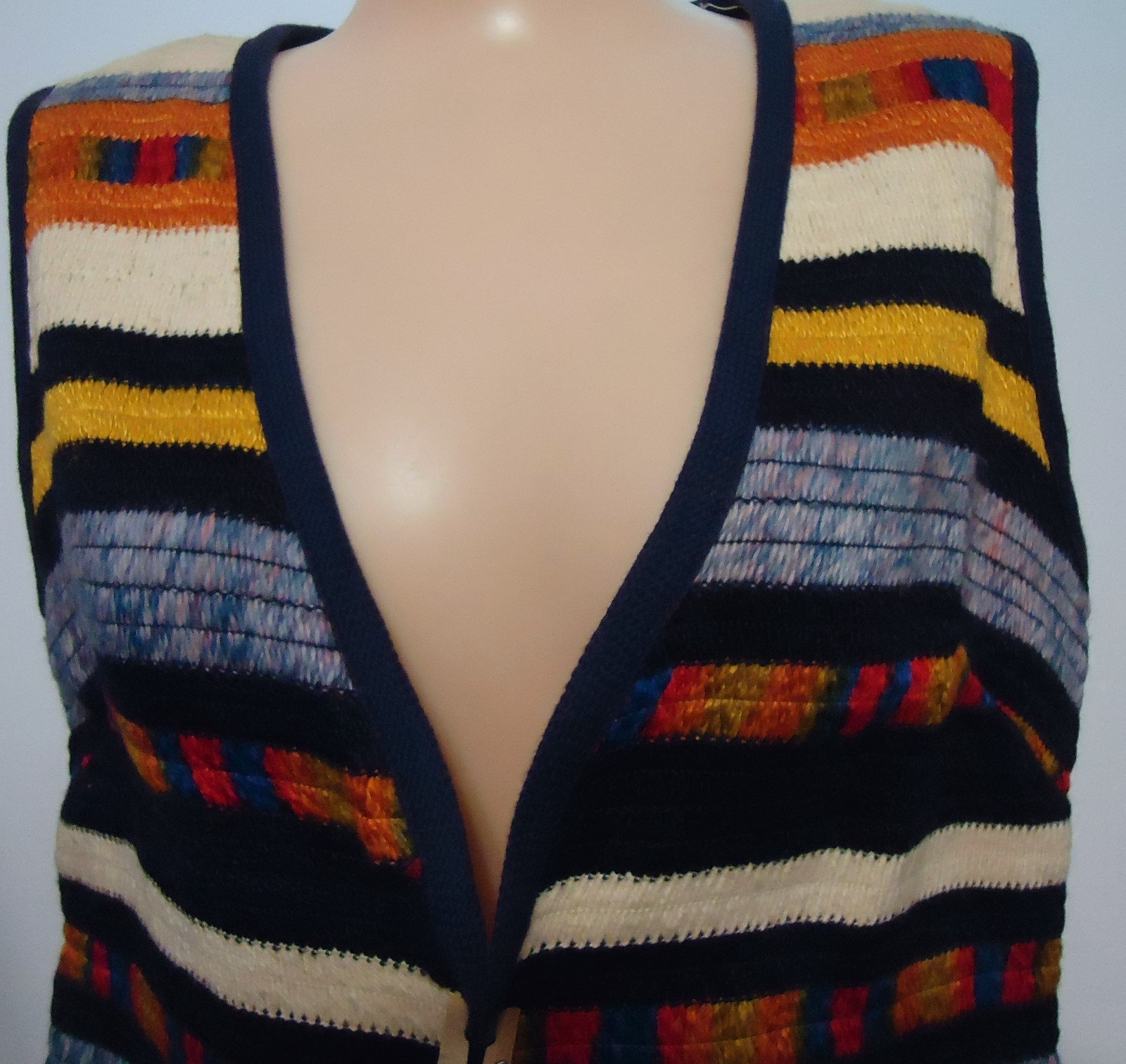 LN VTG Woven LONG Open 60s Jacket Vest Multicolor Cream Blue Red Hippie Boho