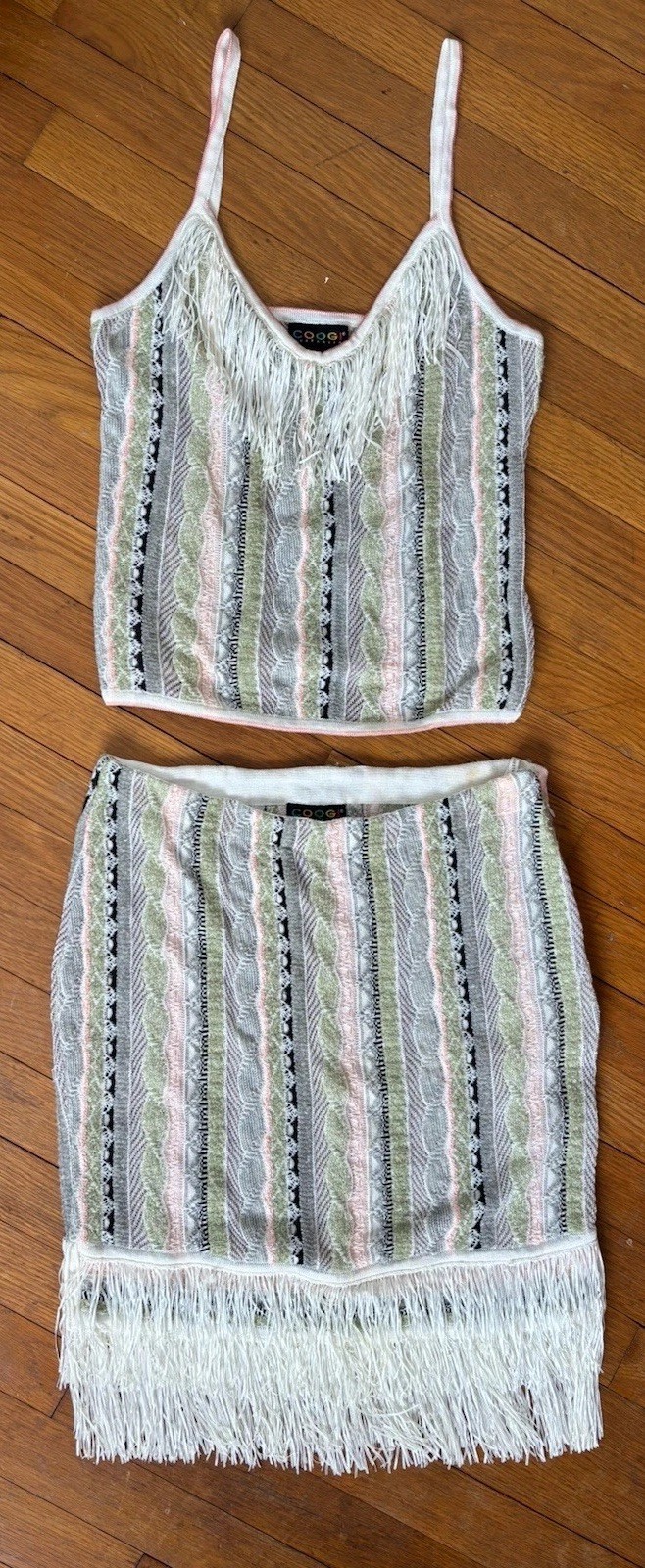 RARE Vtg COOGI Australia Set Fringe Skirt Top XS S Wool Deadstock 90s Festival