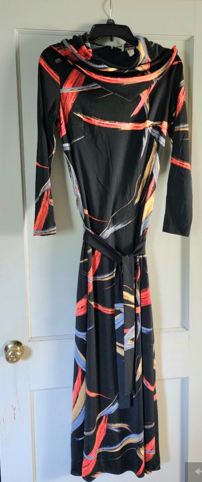70&rsquo;s Long Dress, Abstract Pattern, Cowl Neck, Black, Red, ILGWU, 38&Prime; Bust