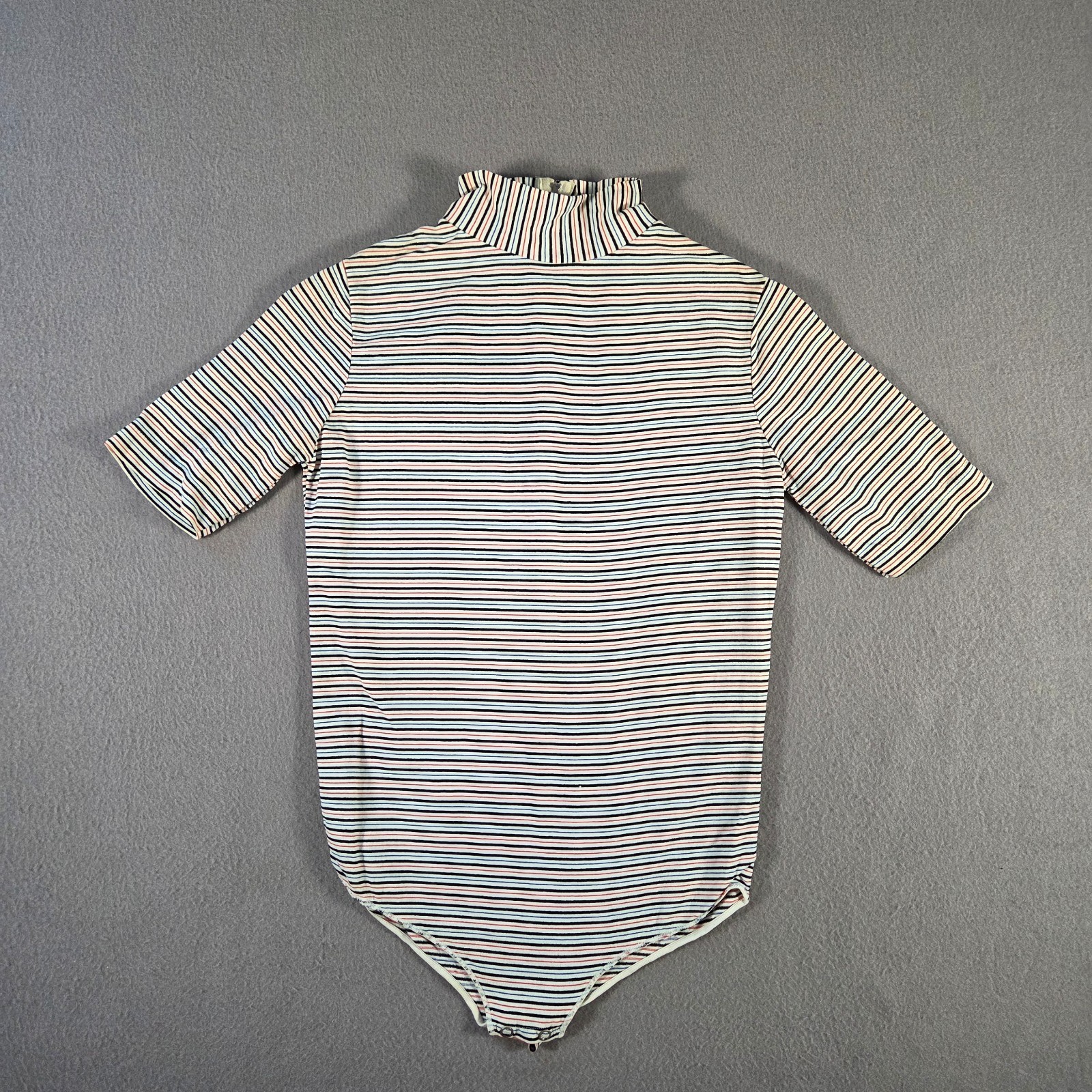 Vintage 70s Bodysuit Womens Small Striped Short Sleeve High Neck Shirt Romper
