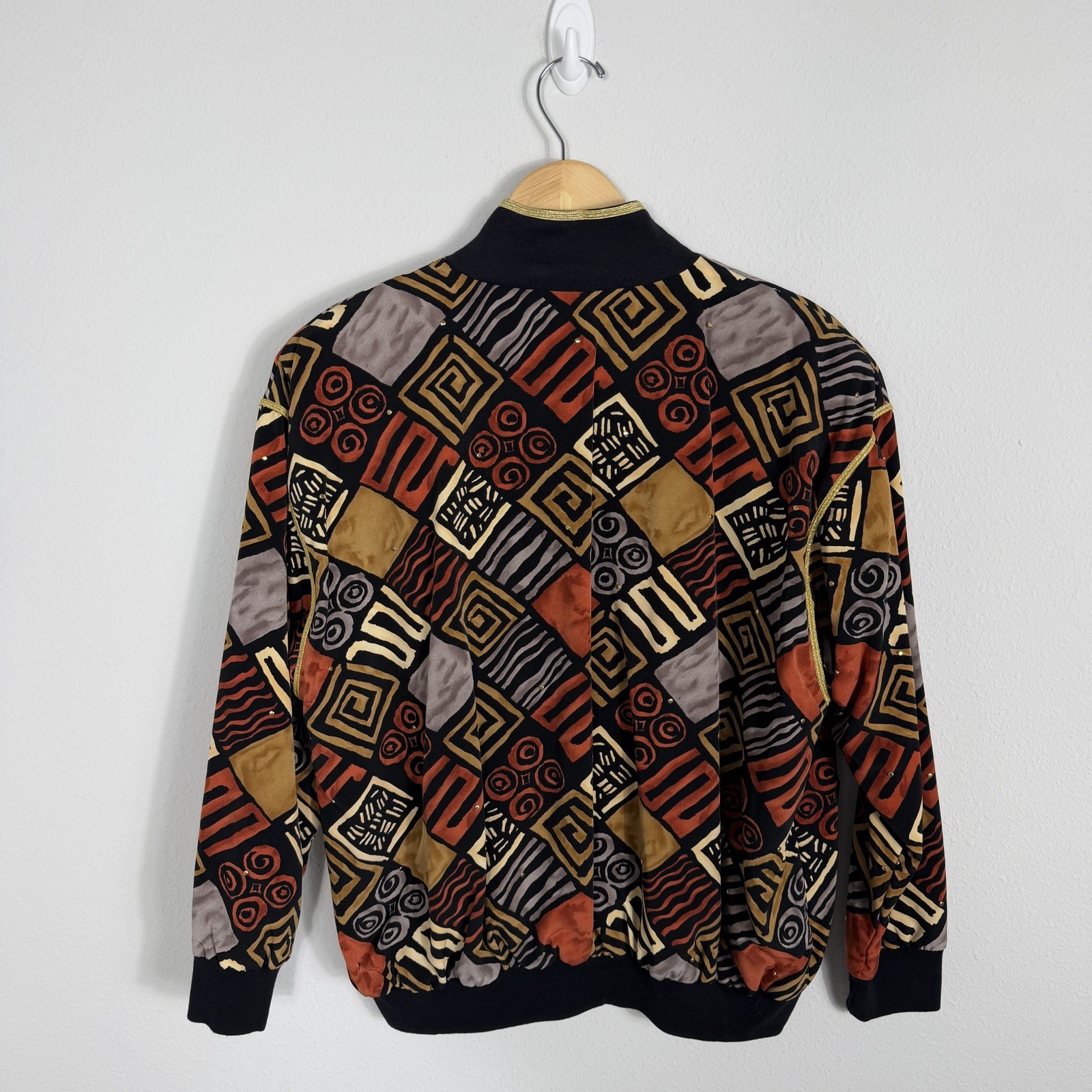 Vintage 90s Cache Geometric Abstract Artsy Gold Trim Bomber Jacket Women’s Large
