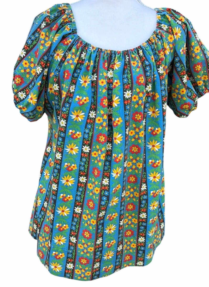 Vintage 70s Handmade Psychedelic Floral Tunic Top 2X Cotton Off Shoulder