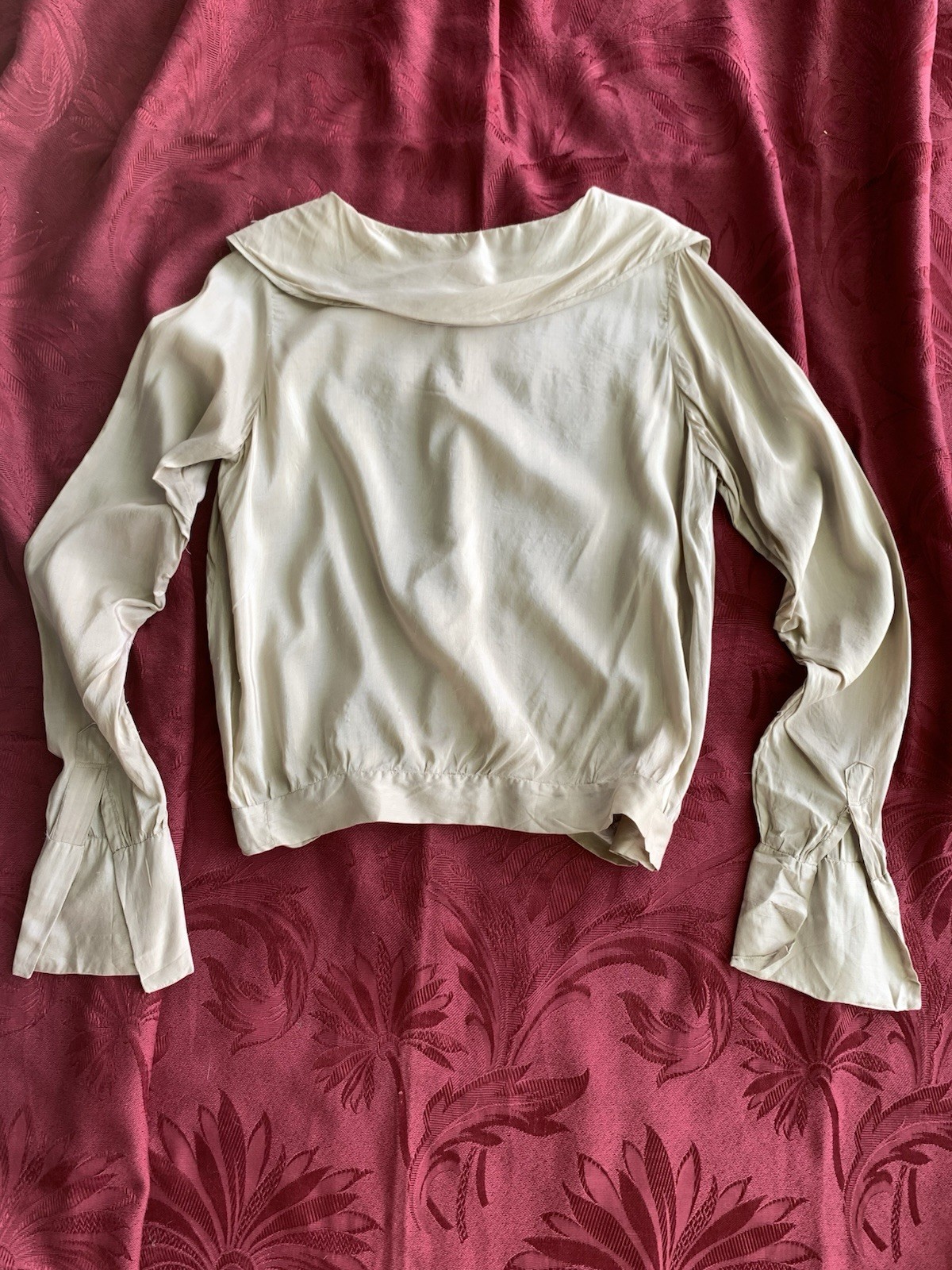 Antique 1920s Pongee Silk Pullovwr Top Long Sleeve Blouse Peter Pan Collar Sz S