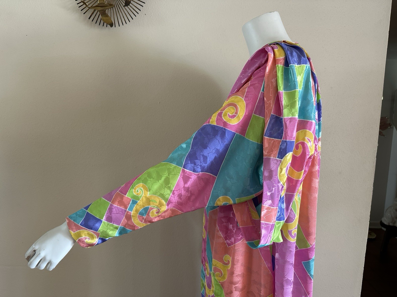 1980s David Brown Brocade Hostess Dress Maxi Resort Geometric Neon Deco Mumu VTG