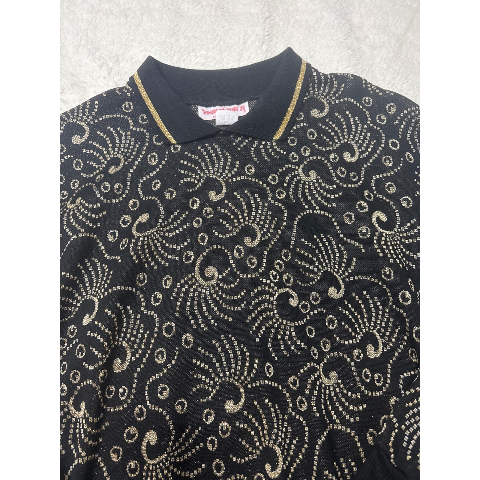 Young Stuff III Sweater Womens 1X Black Gold Excellent Vintage Metallic Polo