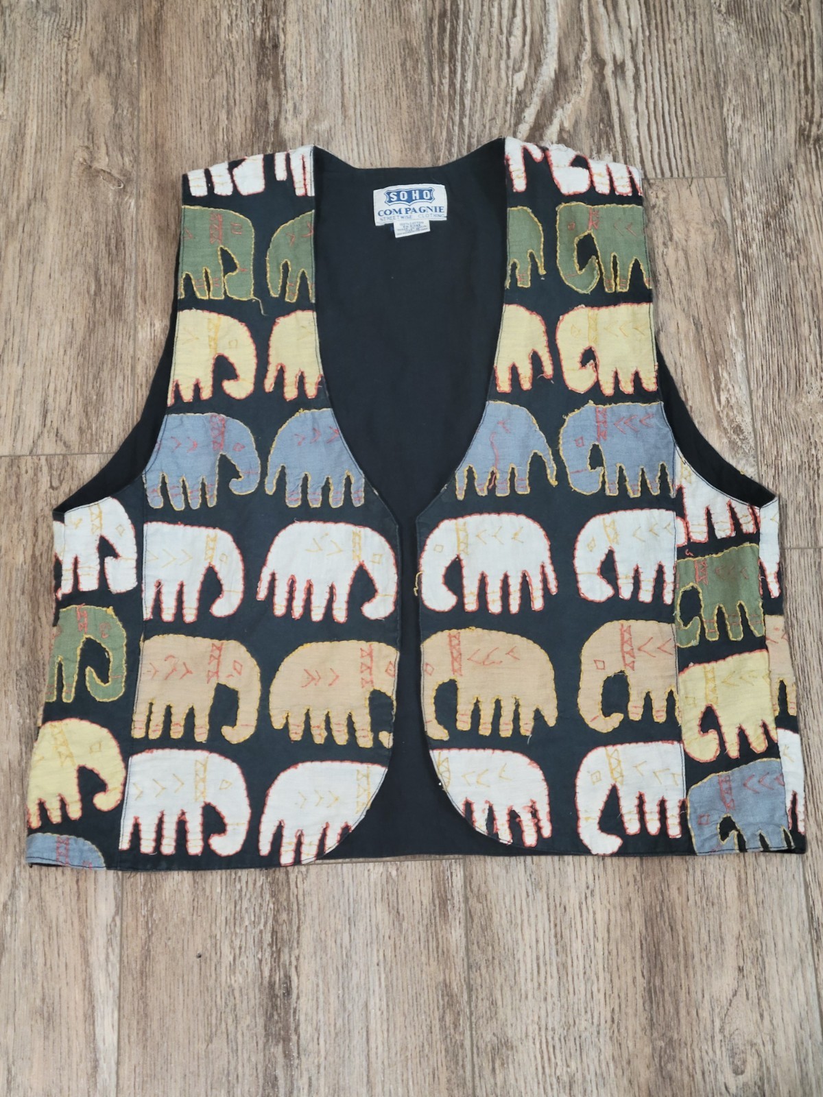 Vintage Hippy SOHO Compagnie Embroidered Elephants Open Front Vest Medium Black