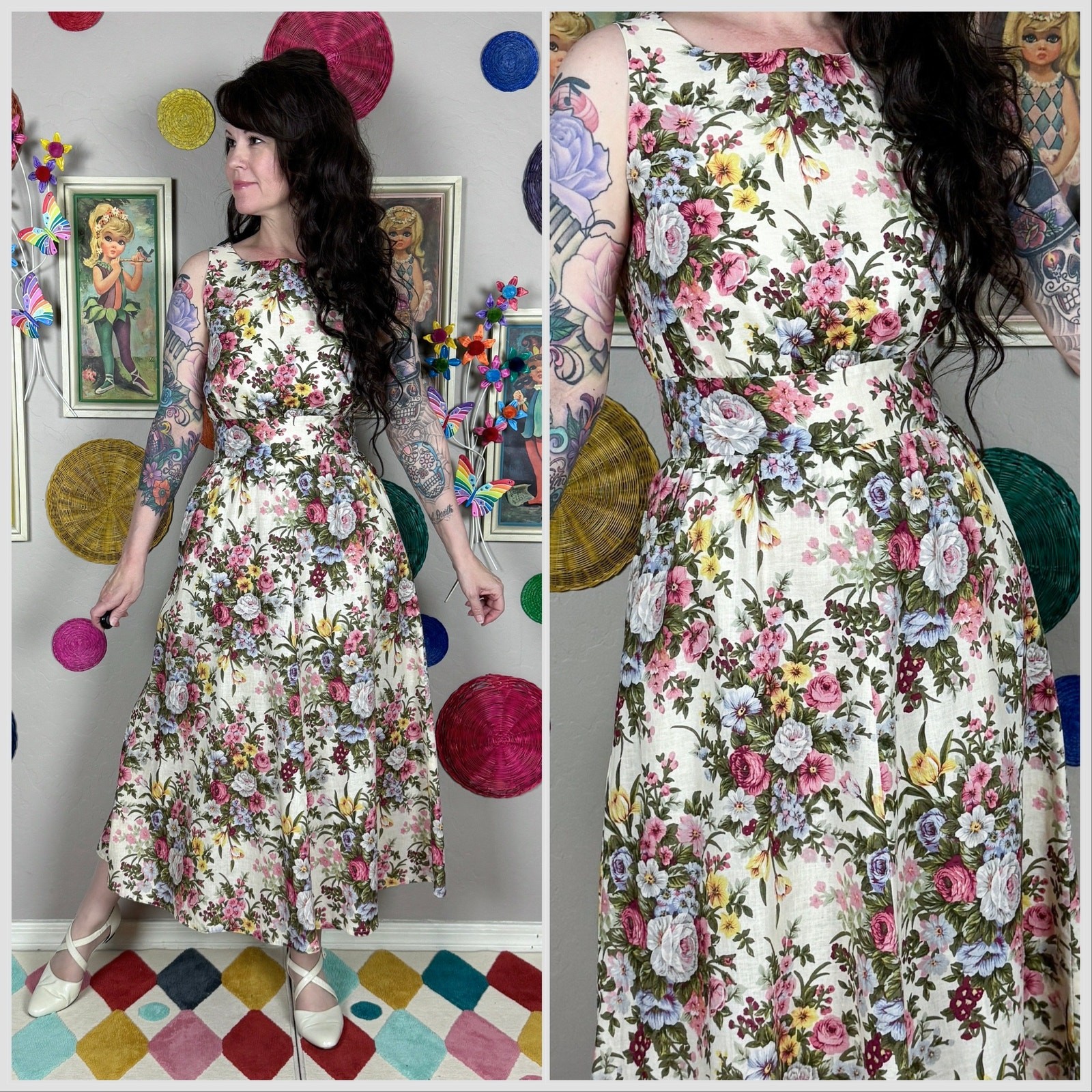 Vintage 1980s Cream Floral Print Sleeveless Cotton Midi Dress | 26&Prime;-28&Prime; Waist