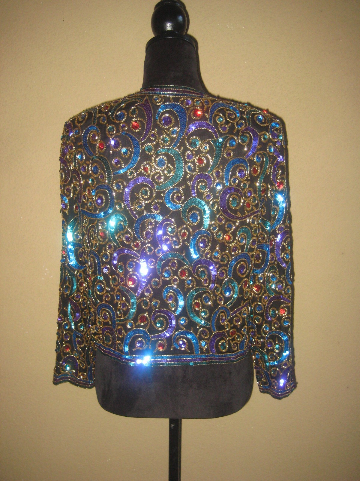 Vintage Scala black silk sequins beads multicolor cropped evening jacket S