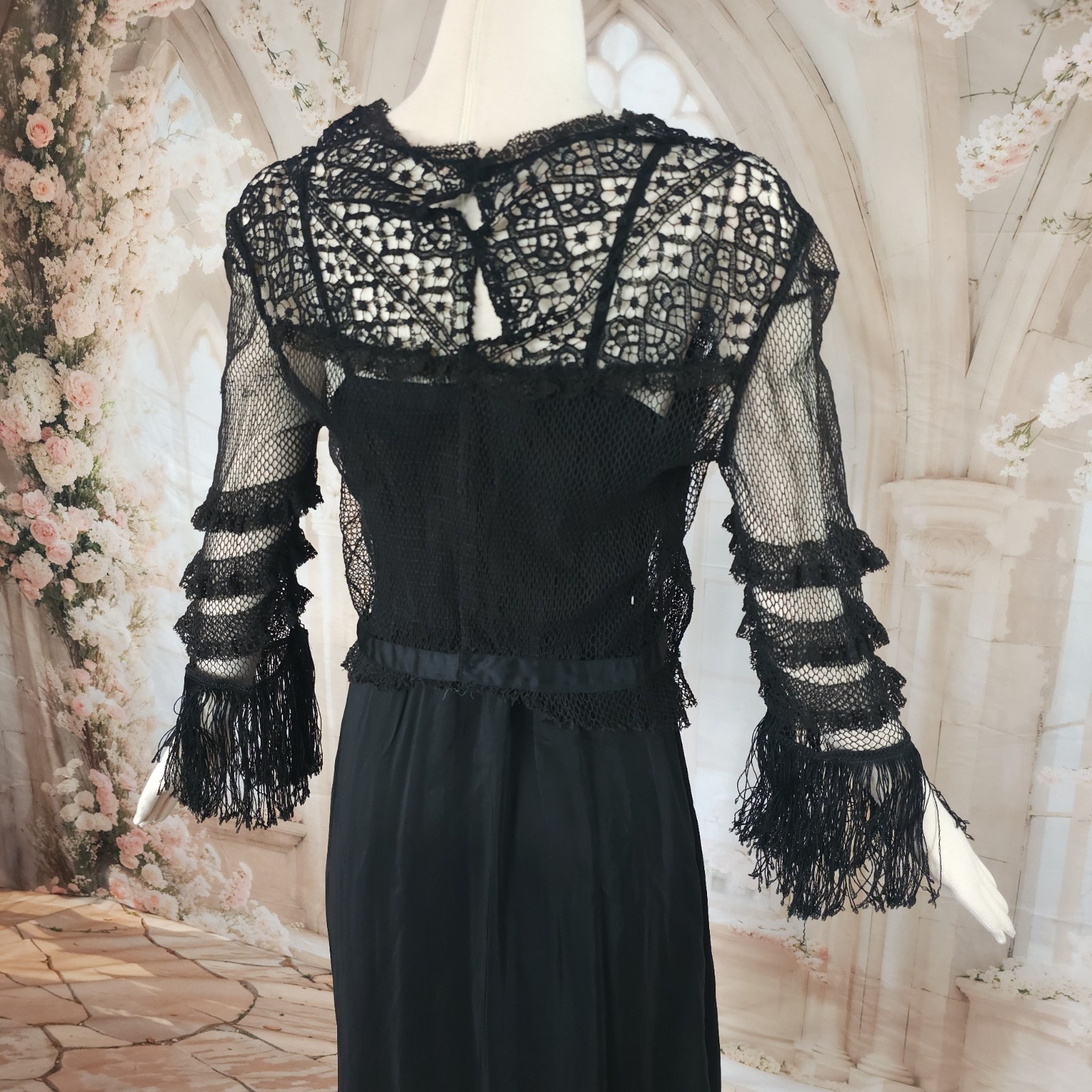 Black Crochet Lace Blouse Fringe Tassels Antique Victorian Edwardian Top Shirt
