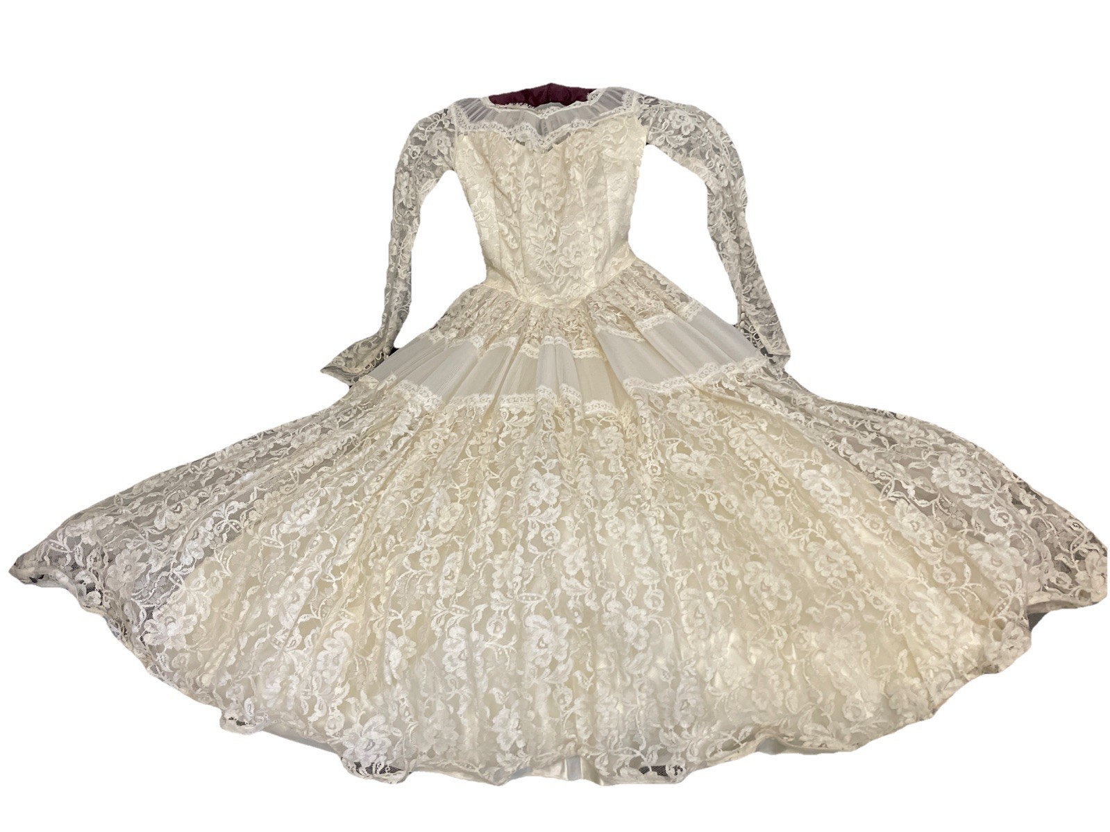 Vtg 1950&rsquo;s Maurer Ivory Full Lace Wedding Dress-Bust 30/2XS