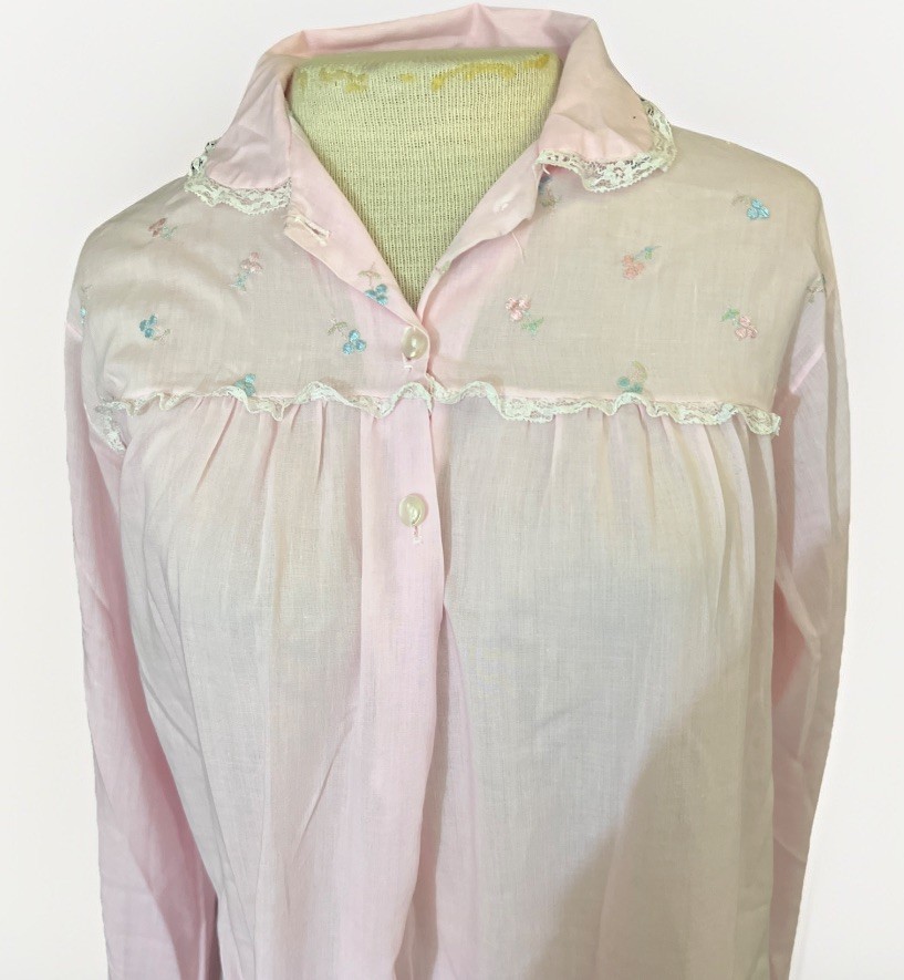 Vintage Katz Pink Floral Embroidered Long Night Gown XL