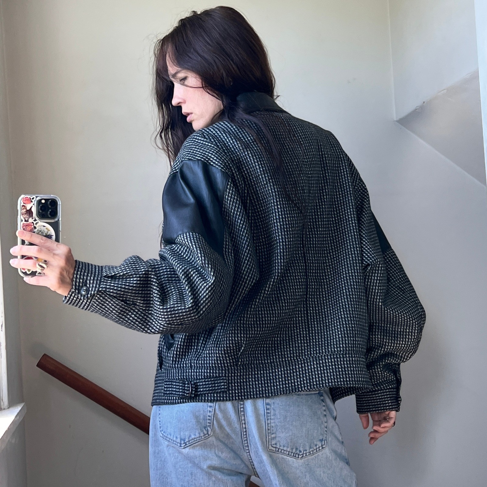 Vintage Wool Knit Bomber Jacket Black Leather Trim Textured Zip Up Baggy Coat
