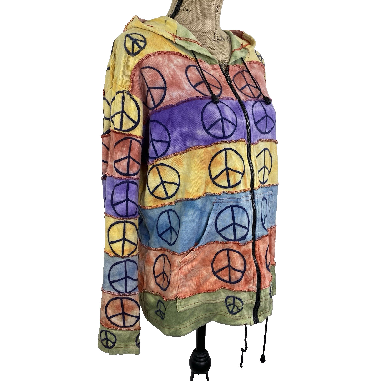 Peace Sign Tie-Dye Stripe Hoodie Size Large Bell Sleeve Baggy Lightweight Cotton